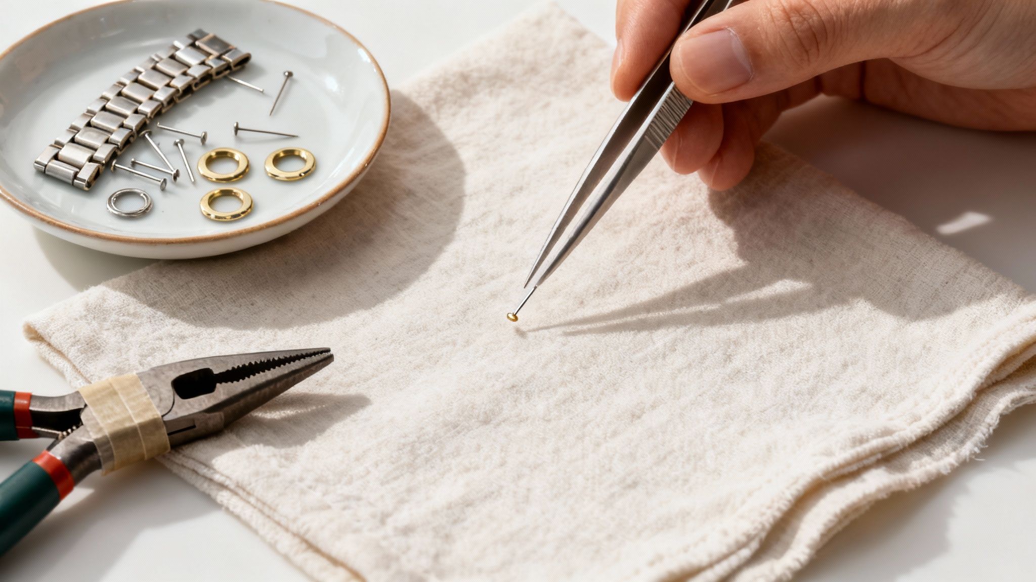 A person using tweezers to handle a tiny gold watch part, with a watch band and tools visible.