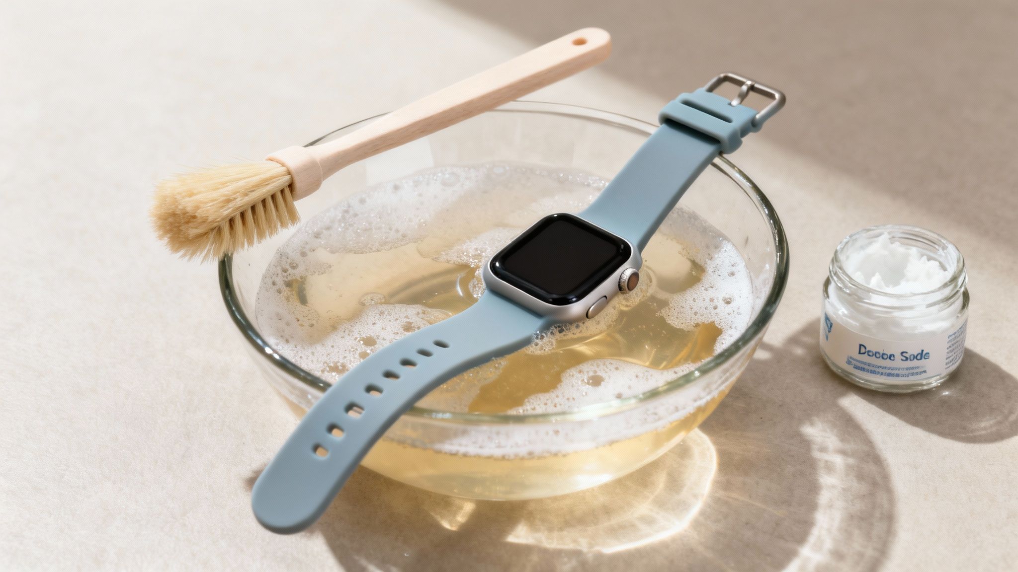 A light blue smart watch band soaking in soapy water with a brush and baking soda nearby.
