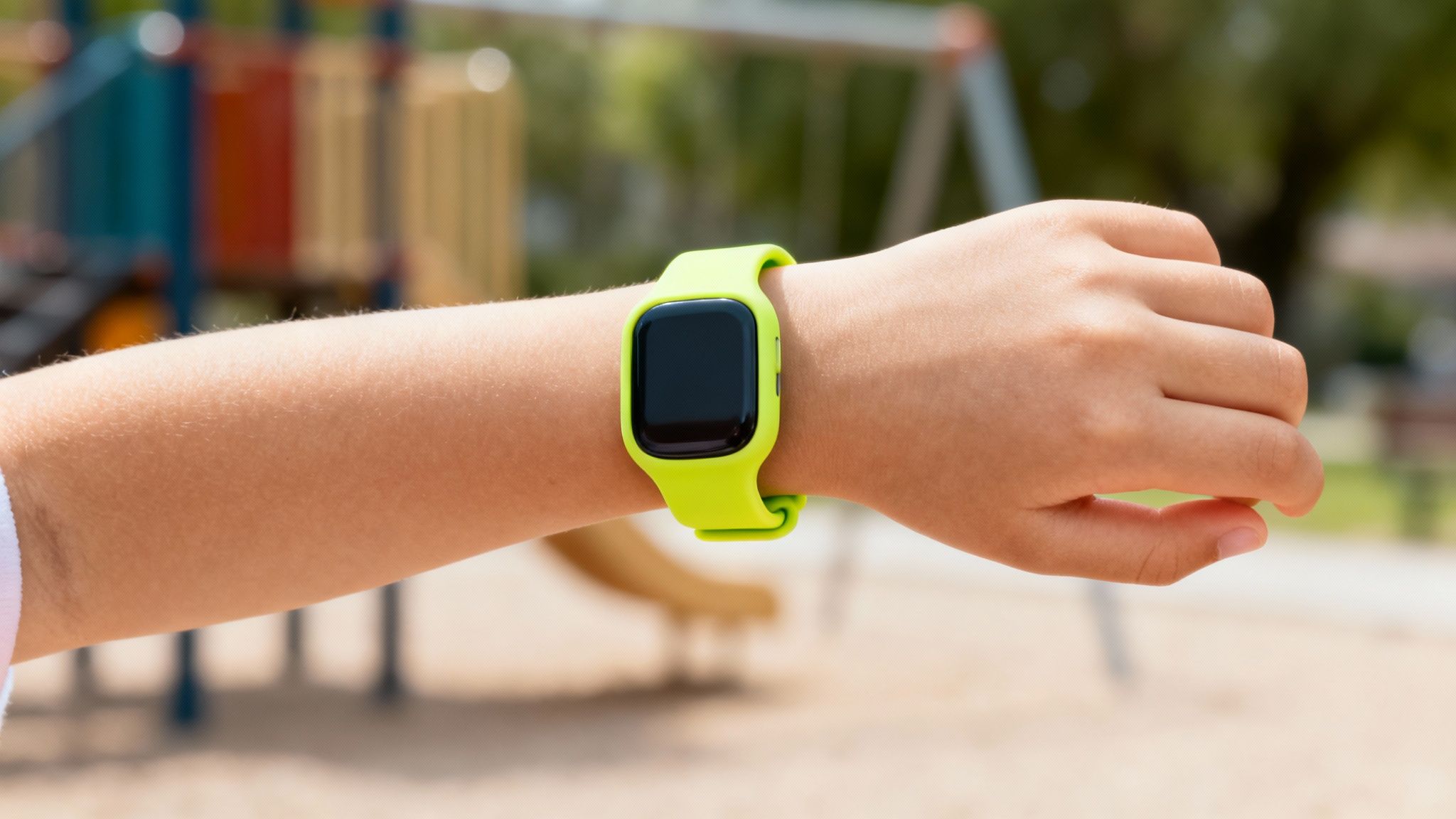 A child's arm wearing a bright green smartwatch with a black screen at a playground.