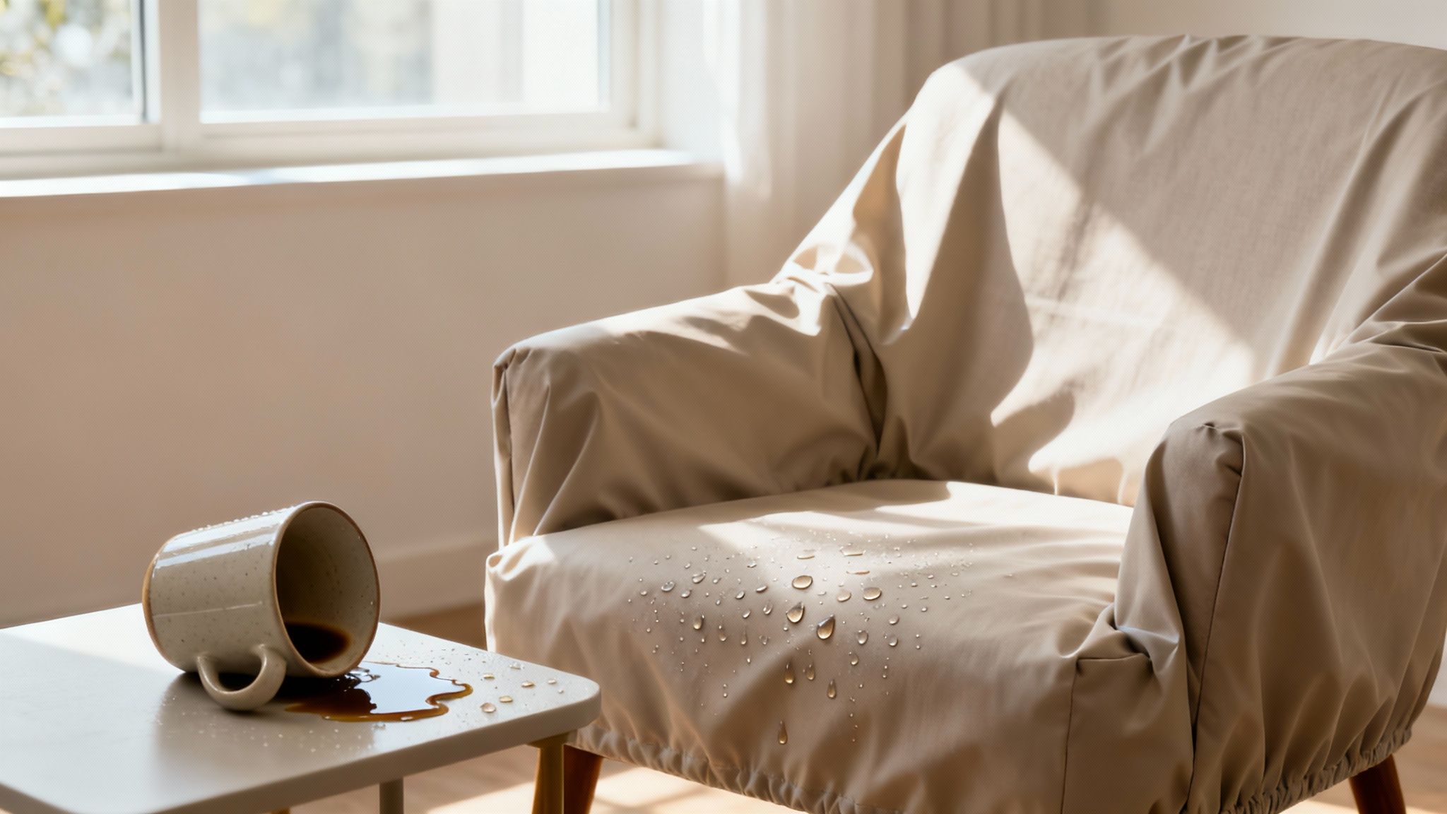 Spilled coffee on a table next to a waterproof chair slipcover with water droplets.