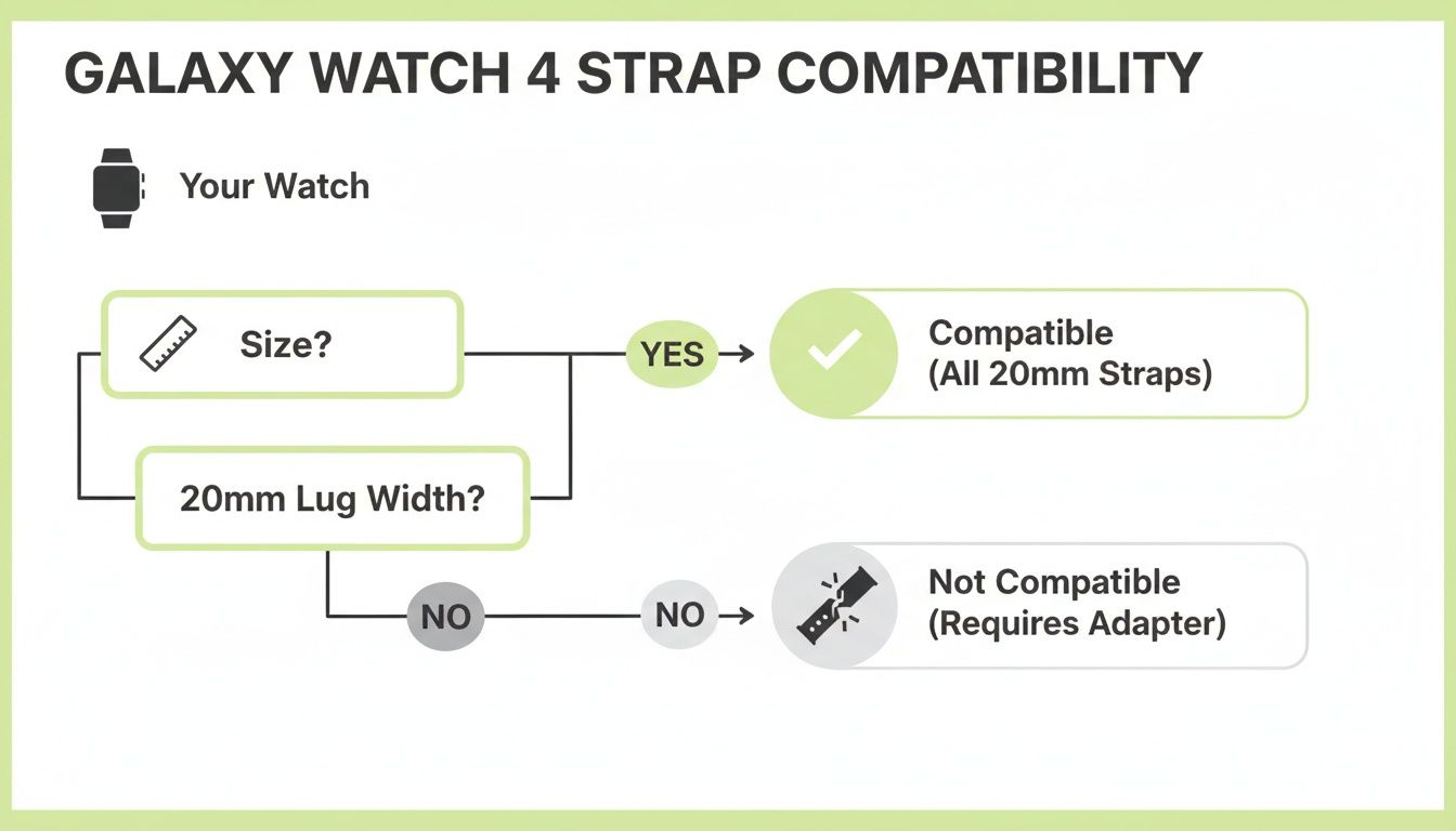 Flowchart showing Samsung Galaxy Watch 4 strap compatibility based on size and lug width.