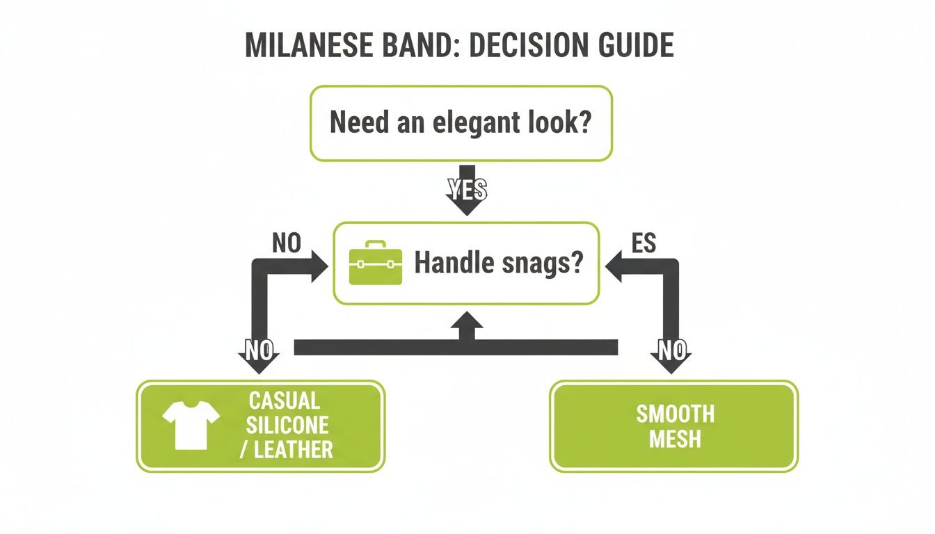 Milanese band decision guide flowchart: elegant look, snag handling, leading to smooth mesh or casual options.