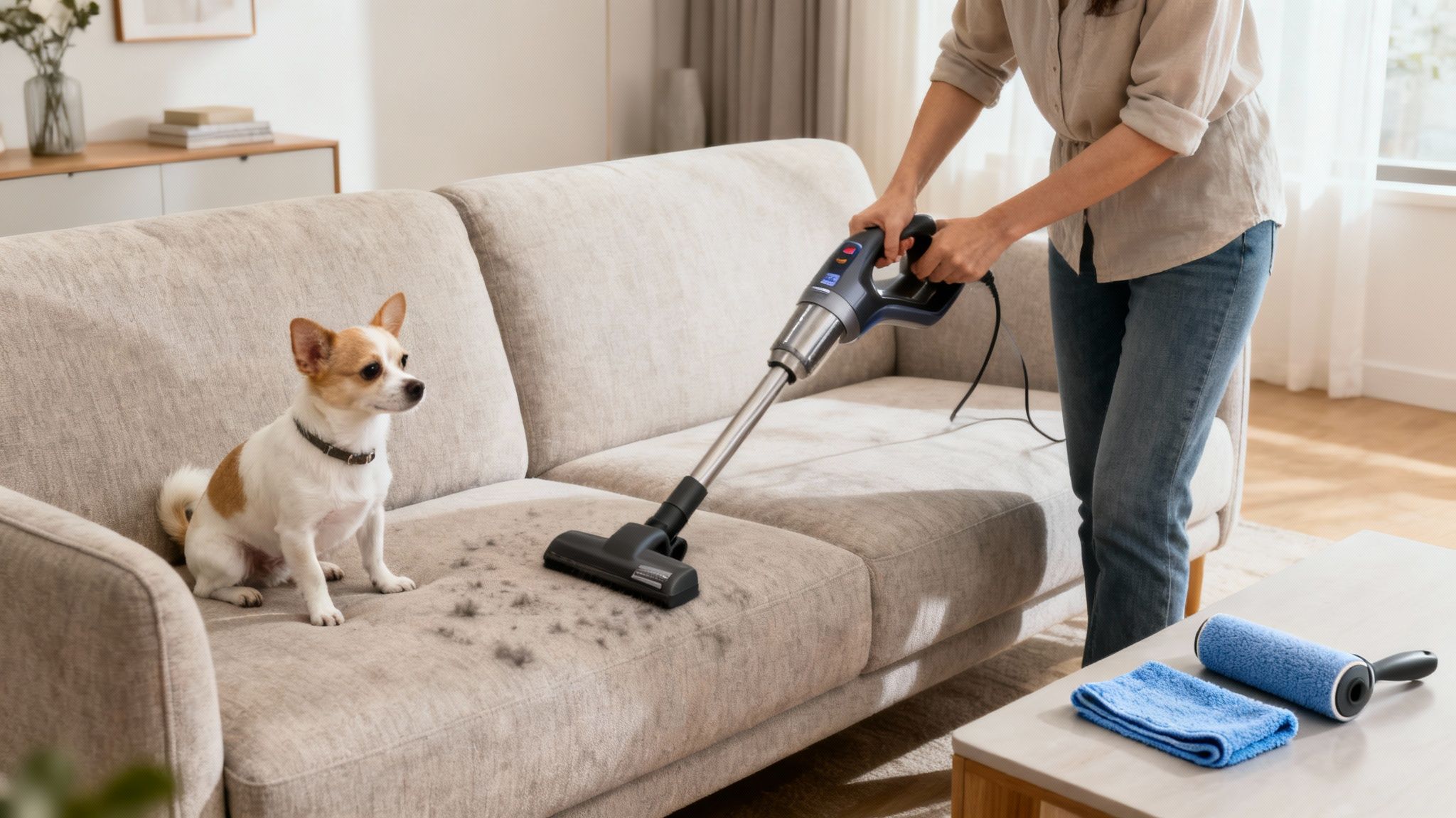 A person vacuums dog hair from a beige sofa while a chihuahua sits nearby, showing pet hair cleanup.
