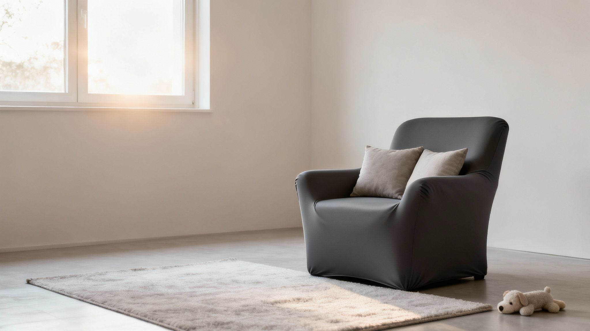 A minimalist room with a dark grey armchair, light rug, white window, and a small plush dog.