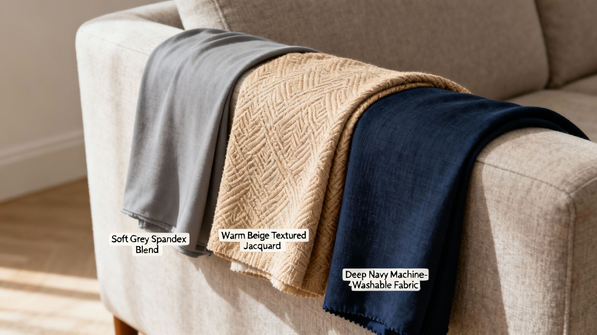 Three fabric swatches in soft grey spandex, warm beige jacquard, and deep navy draped over a sofa.