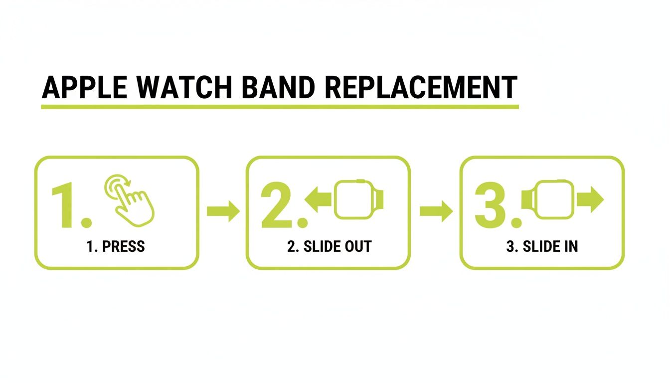 Infographic showing three steps to replace an Apple Watch band: press, slide out, and slide in.
