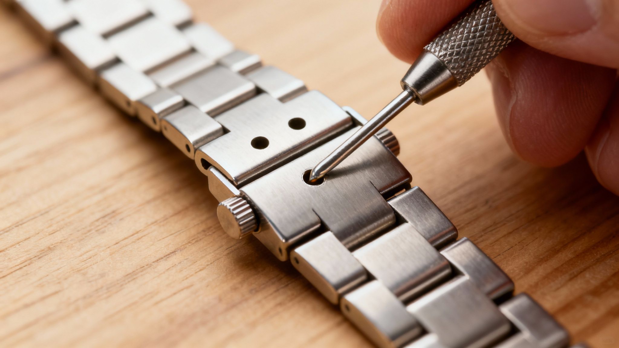 Close-up of a hand using a tool to adjust a metal watch band clasp on a wooden surface.