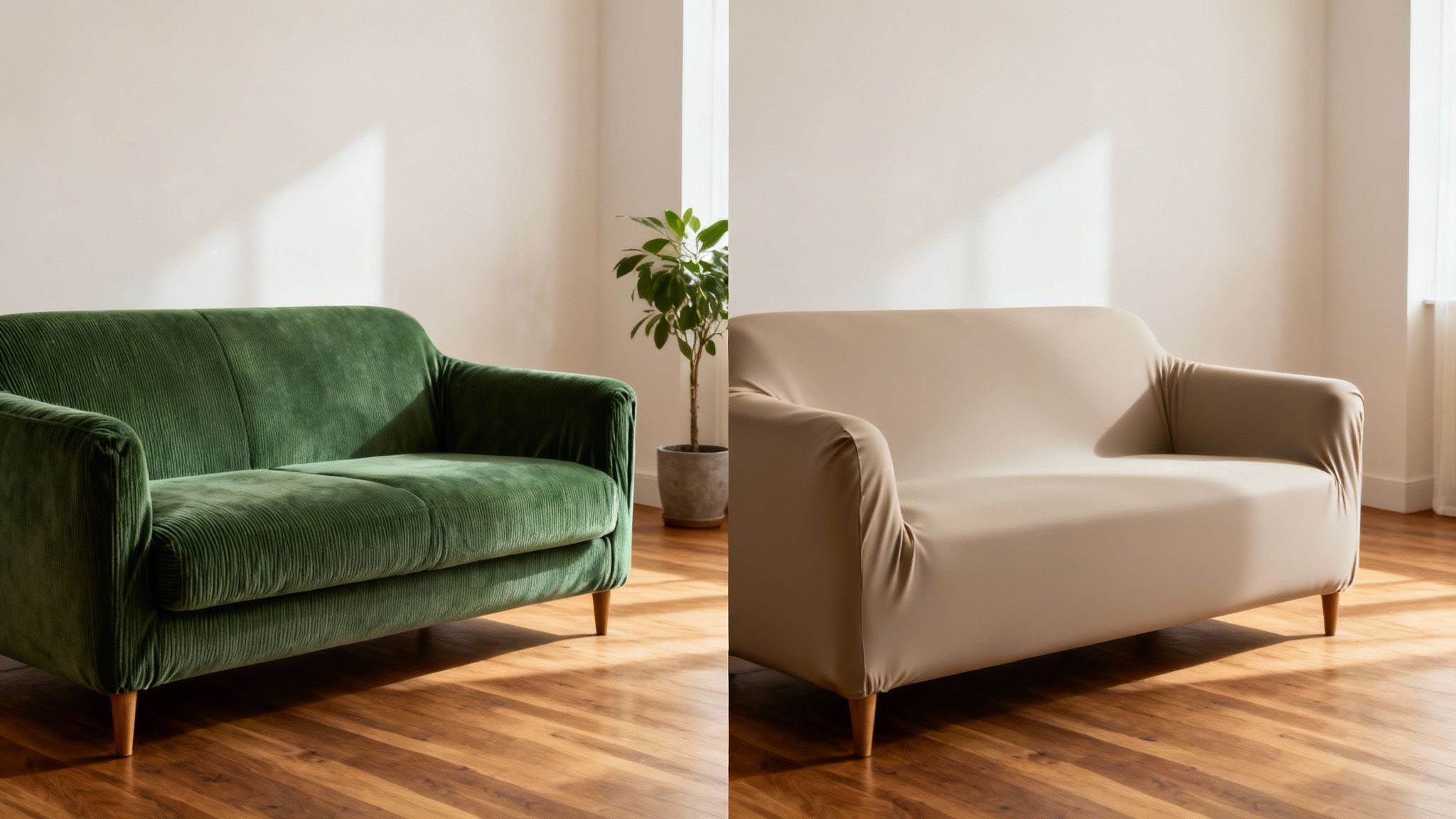 A split image shows a green corduroy sofa and the same sofa with a beige stretch cover in a bright room.