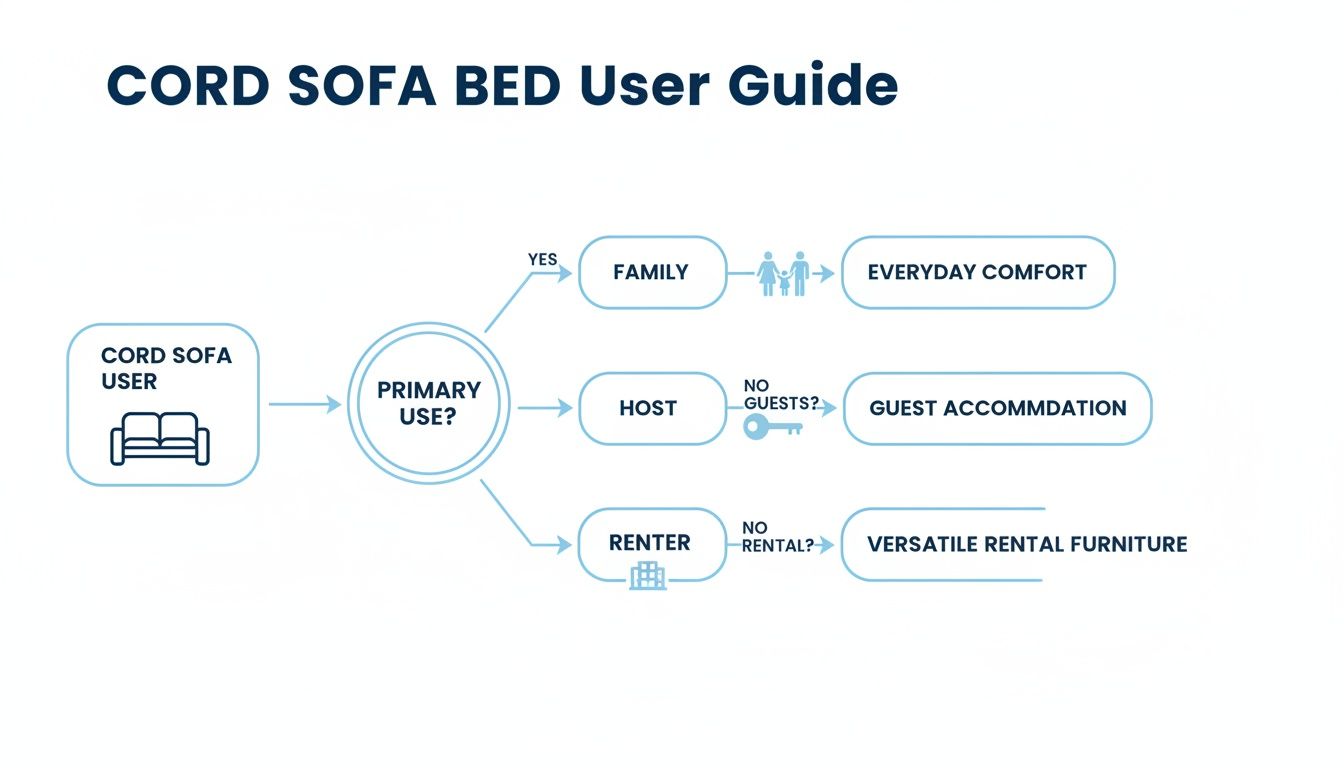 A Cord Sofa Bed user guide flowchart outlining primary uses for families, hosts, and renters.
