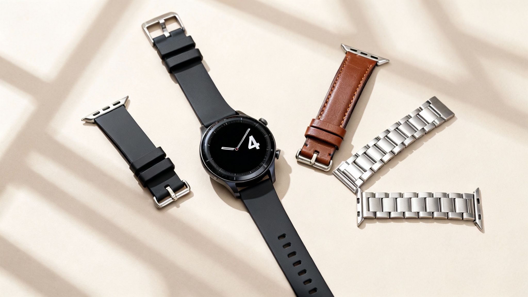 A black smartwatch displayed with various interchangeable straps, including black silicone, brown leather, and silver metal.