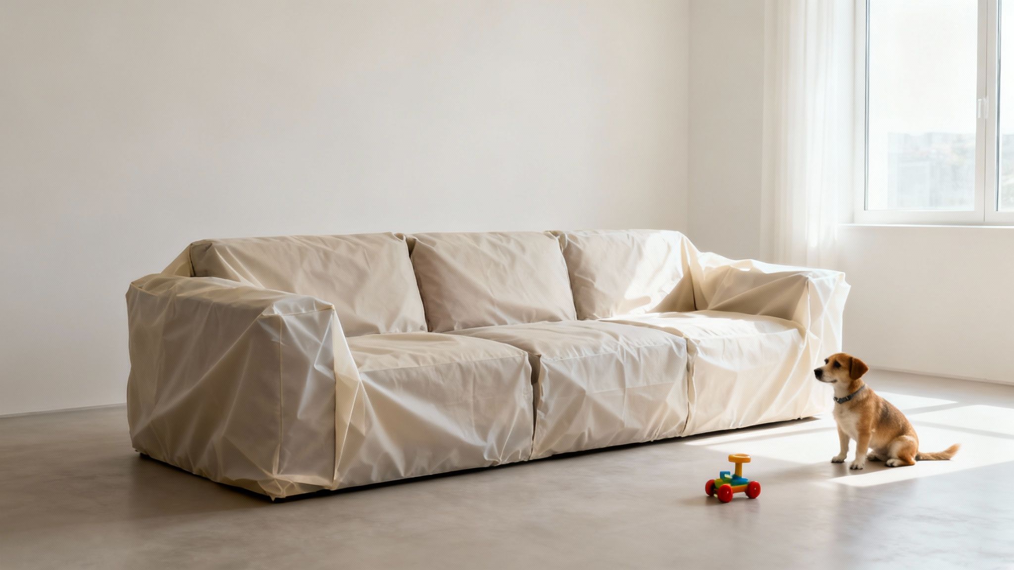 A small dog sits by a large, light-colored sofa covered with a protective slipcover in a bright room.