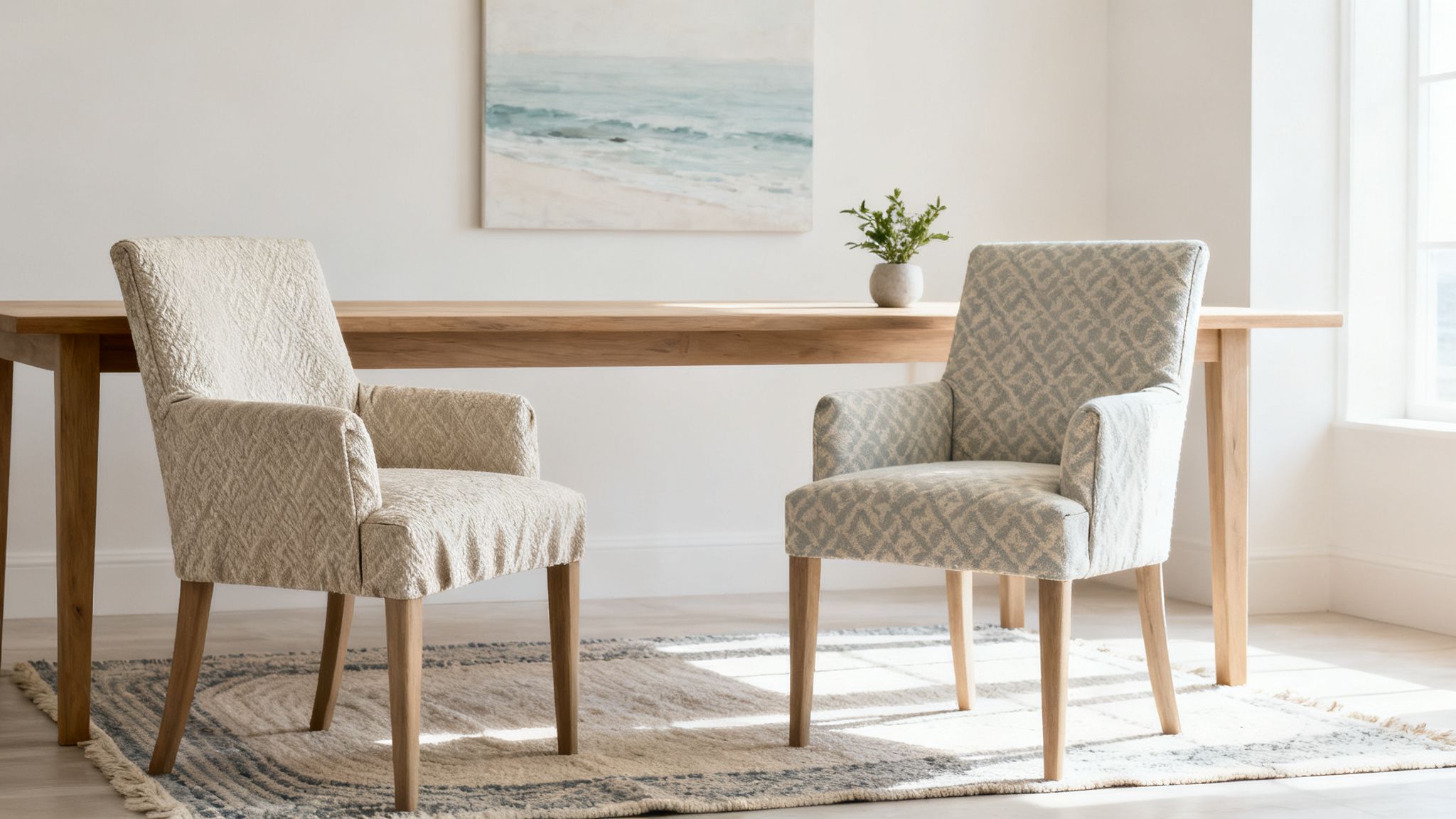 Two stylish upholstered dining armchairs with patterned covers sit by a modern wooden table.