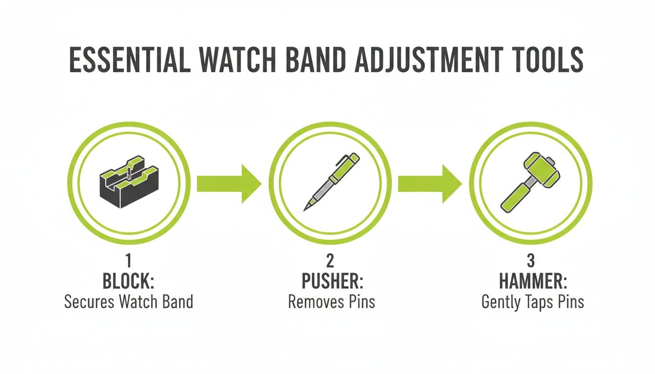 An illustration of essential watch band adjustment tools: block, pusher, and hammer, with their functions.