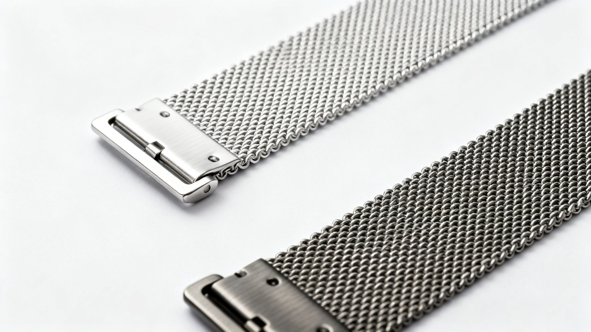 Two shiny metallic mesh Milanese watch straps, one silver and one darker, lie on white.