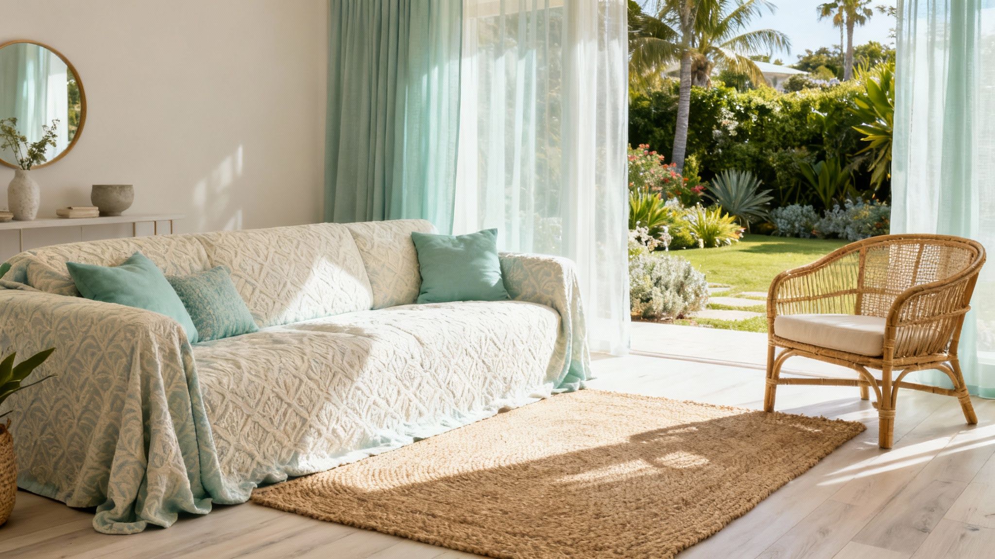A bright contemporary living room with a white sofa, blue pillows, a rattan chair, and a sunny garden view.