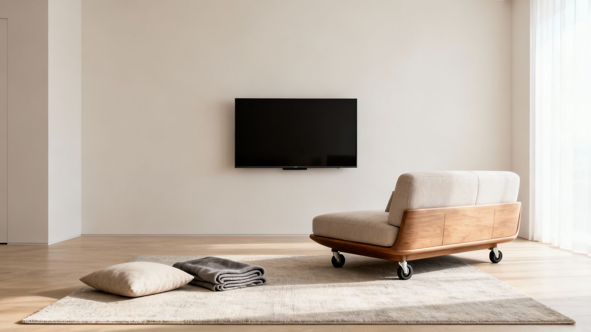 A bright, minimalist living room featuring a beige sofa on castors, a wall-mounted TV, and soft furnishings.