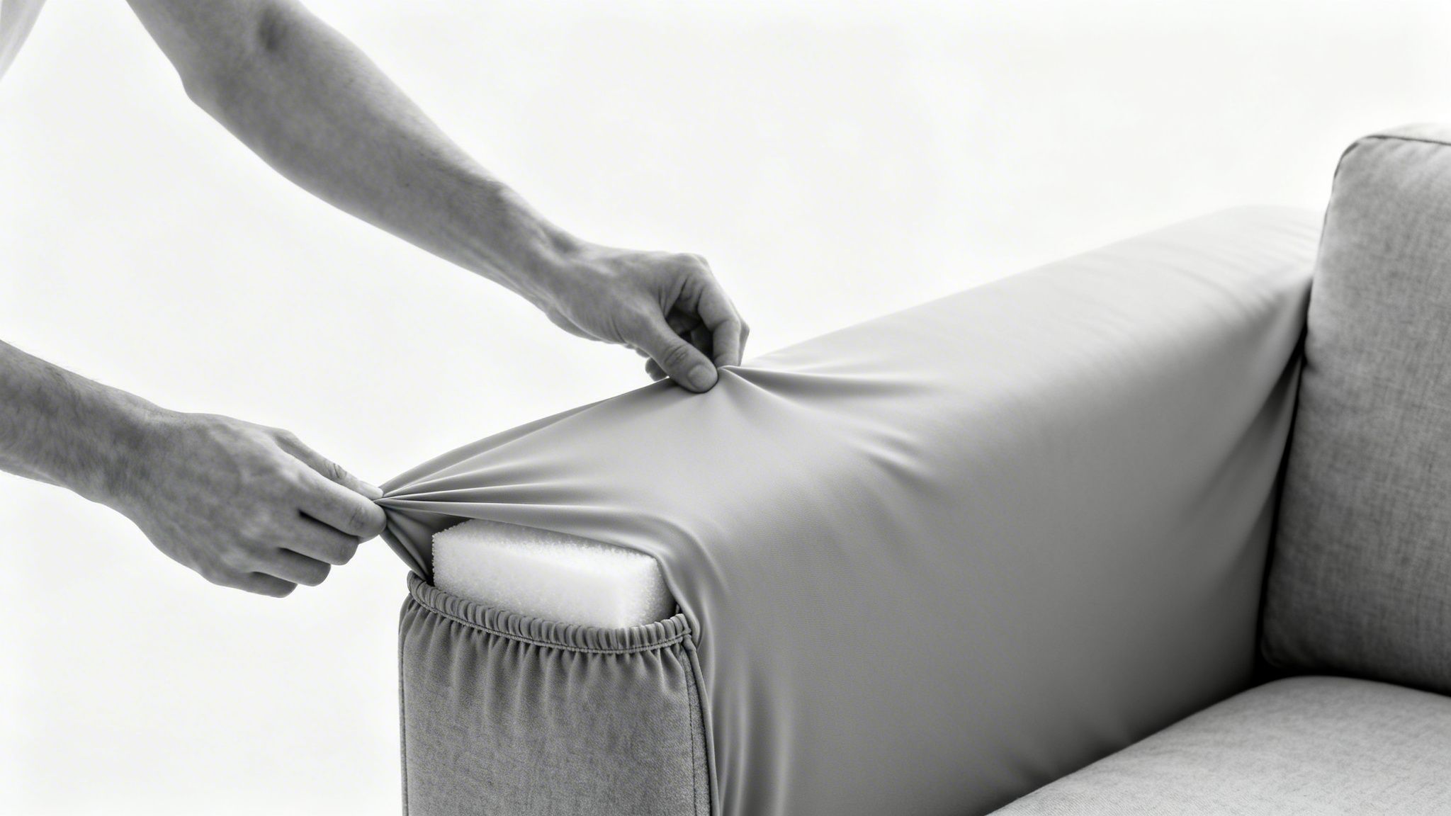 Hands apply a stretchable, light gray cover onto a sofa armrest, revealing the foam underneath.