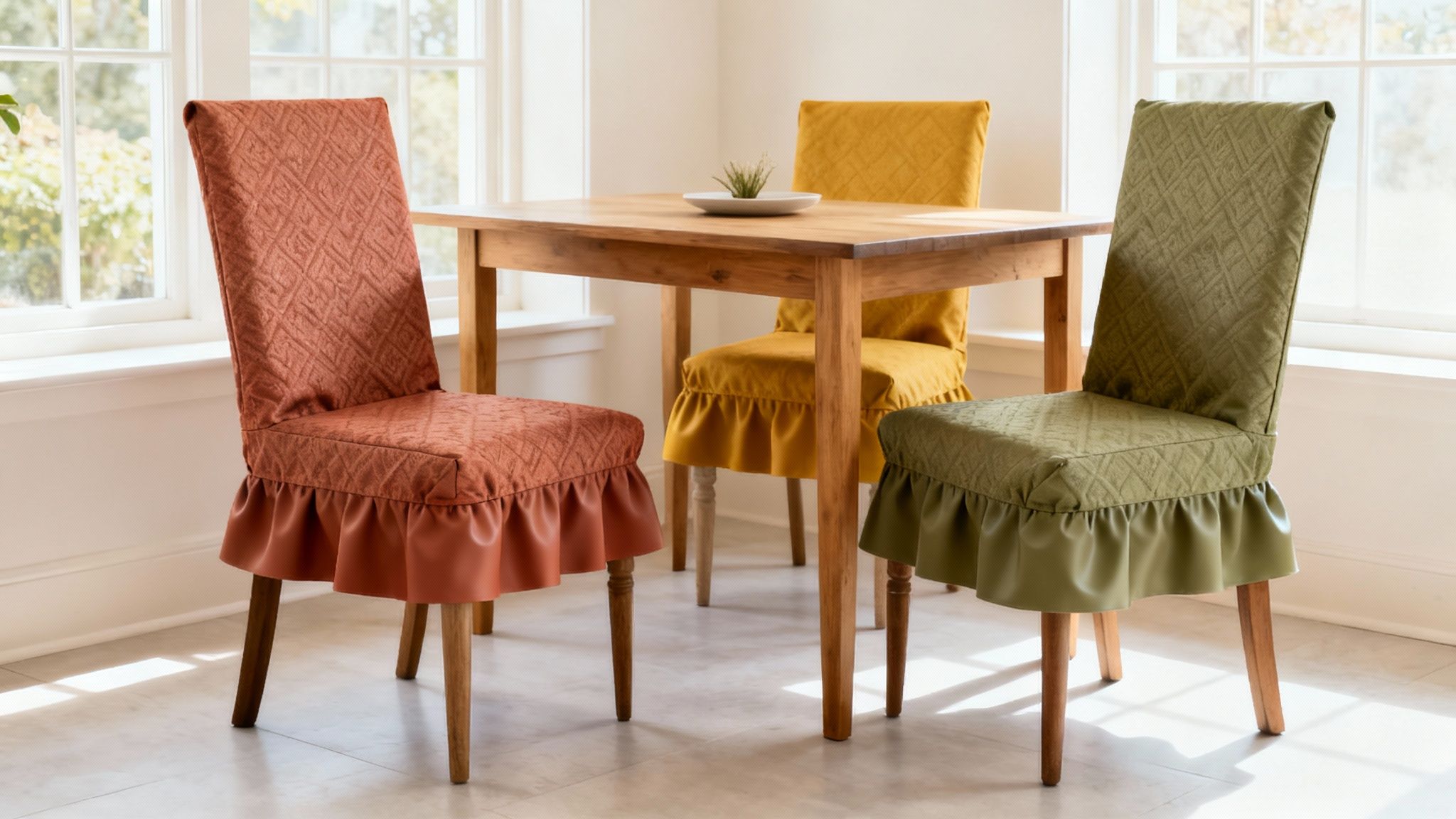 Three dining chairs with waterproof, quilted slipcovers in orange, yellow, and green around a wooden table.