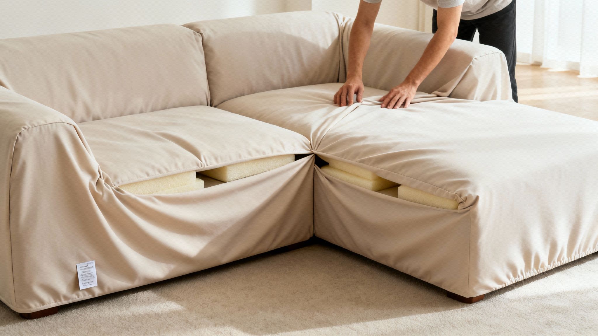 Person adjusting a beige slipcover on a large sectional sofa, revealing foam cushions beneath.