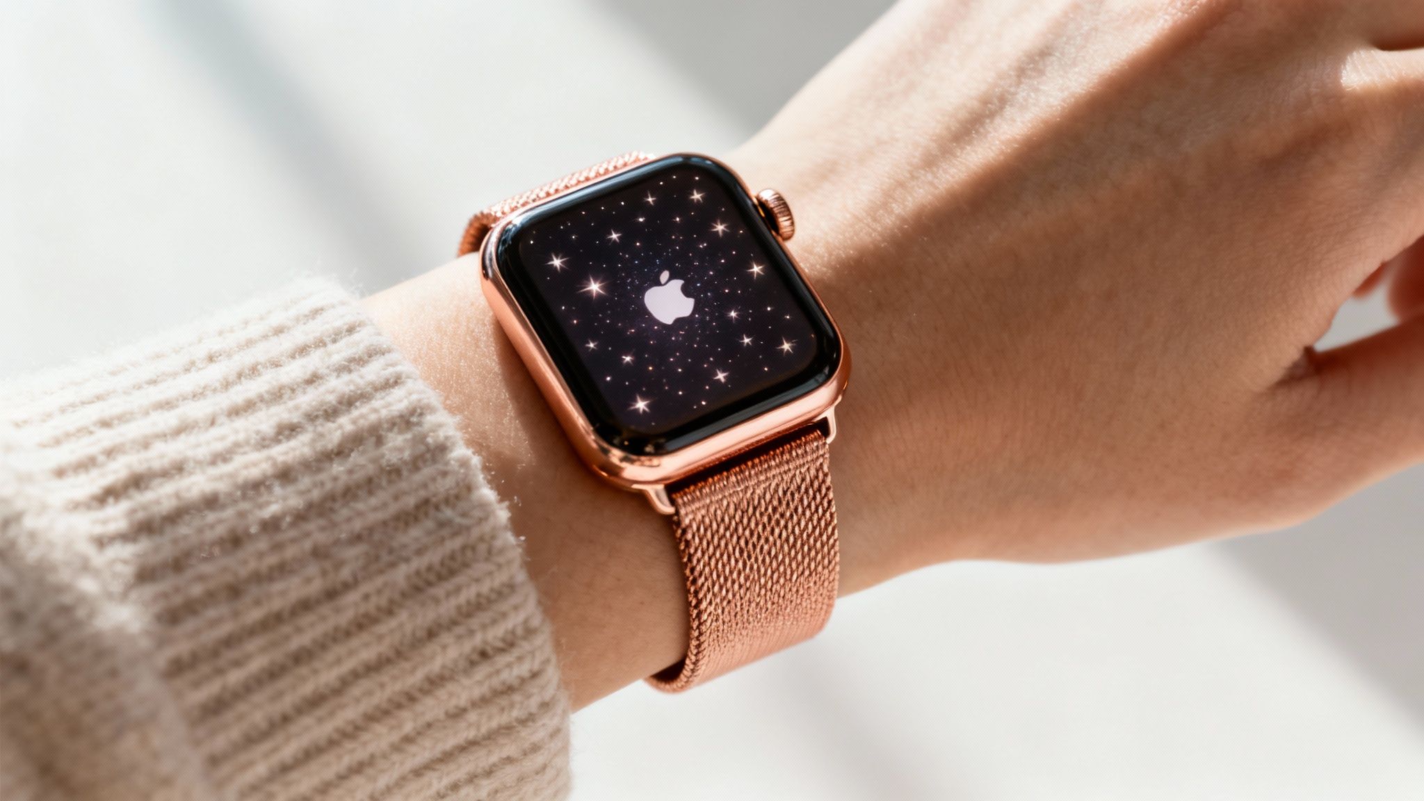 Close-up of a rose gold Apple Watch with a Milanese loop strap on a wrist, displaying the Apple logo and stars.
