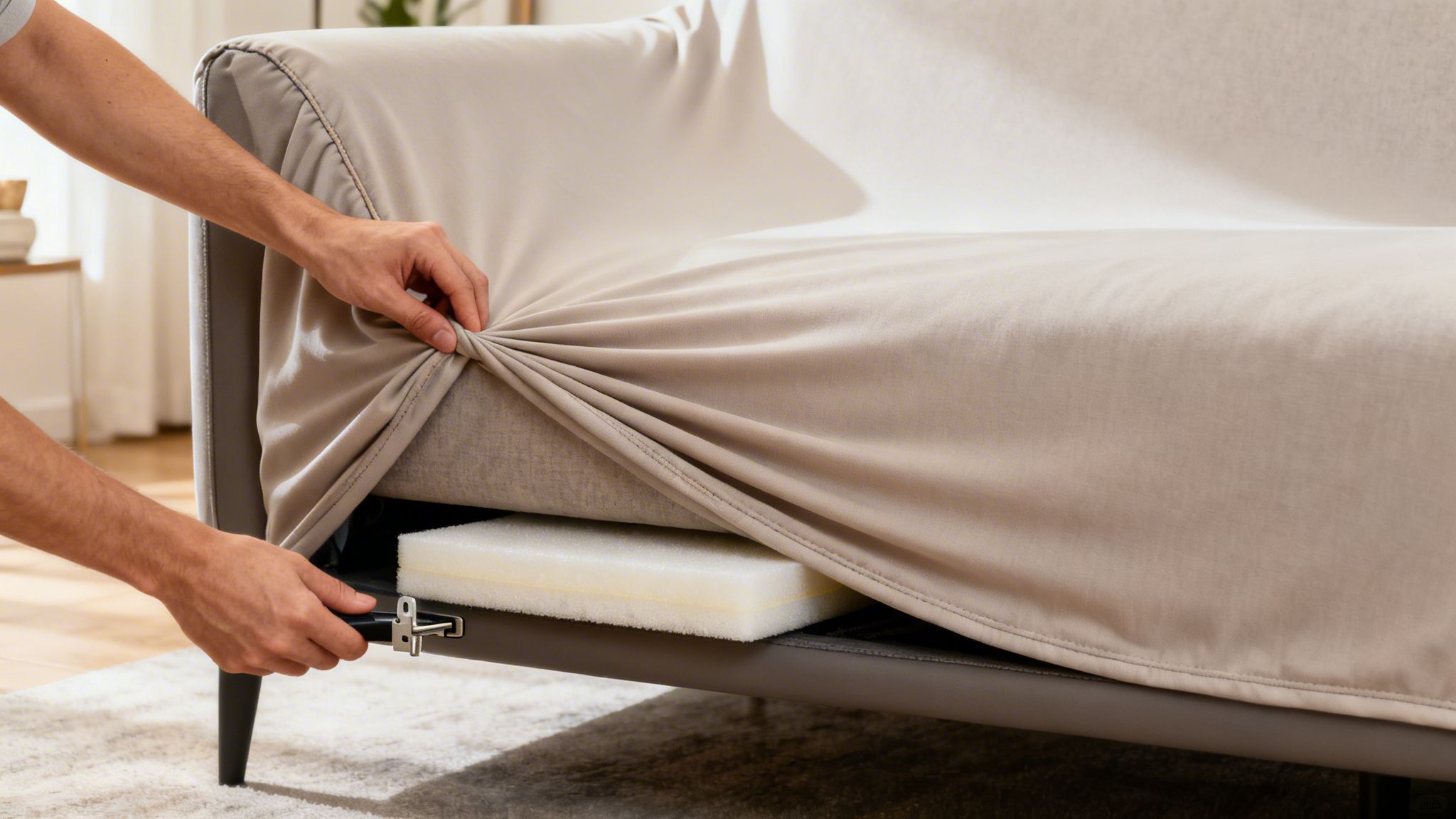 Hands adjust a beige stretch sofa slipcover, securing it with foam inserts for a neat fit.
