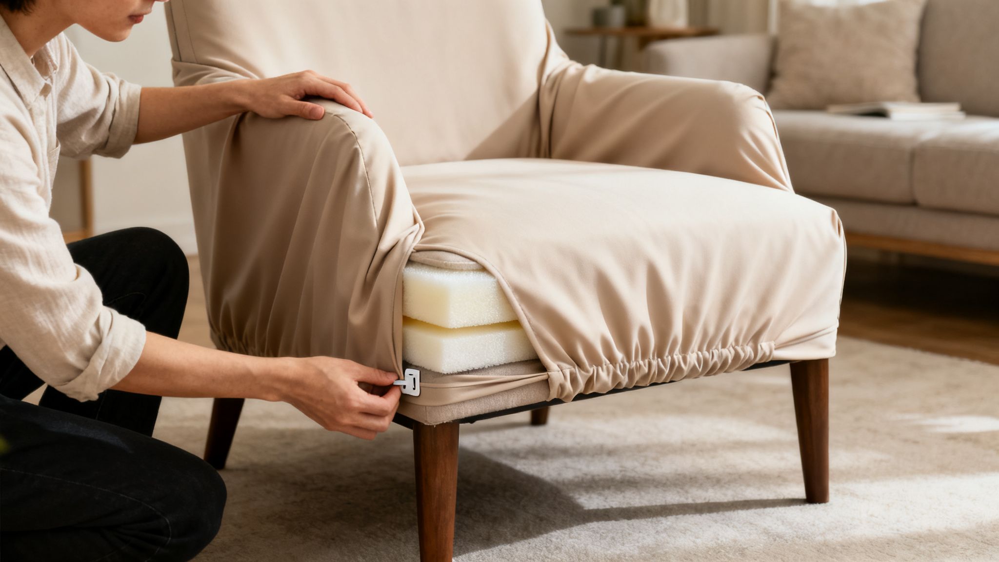 Person adjusting a beige slipcover on an armchair, revealing foam cushioning and using a clip.