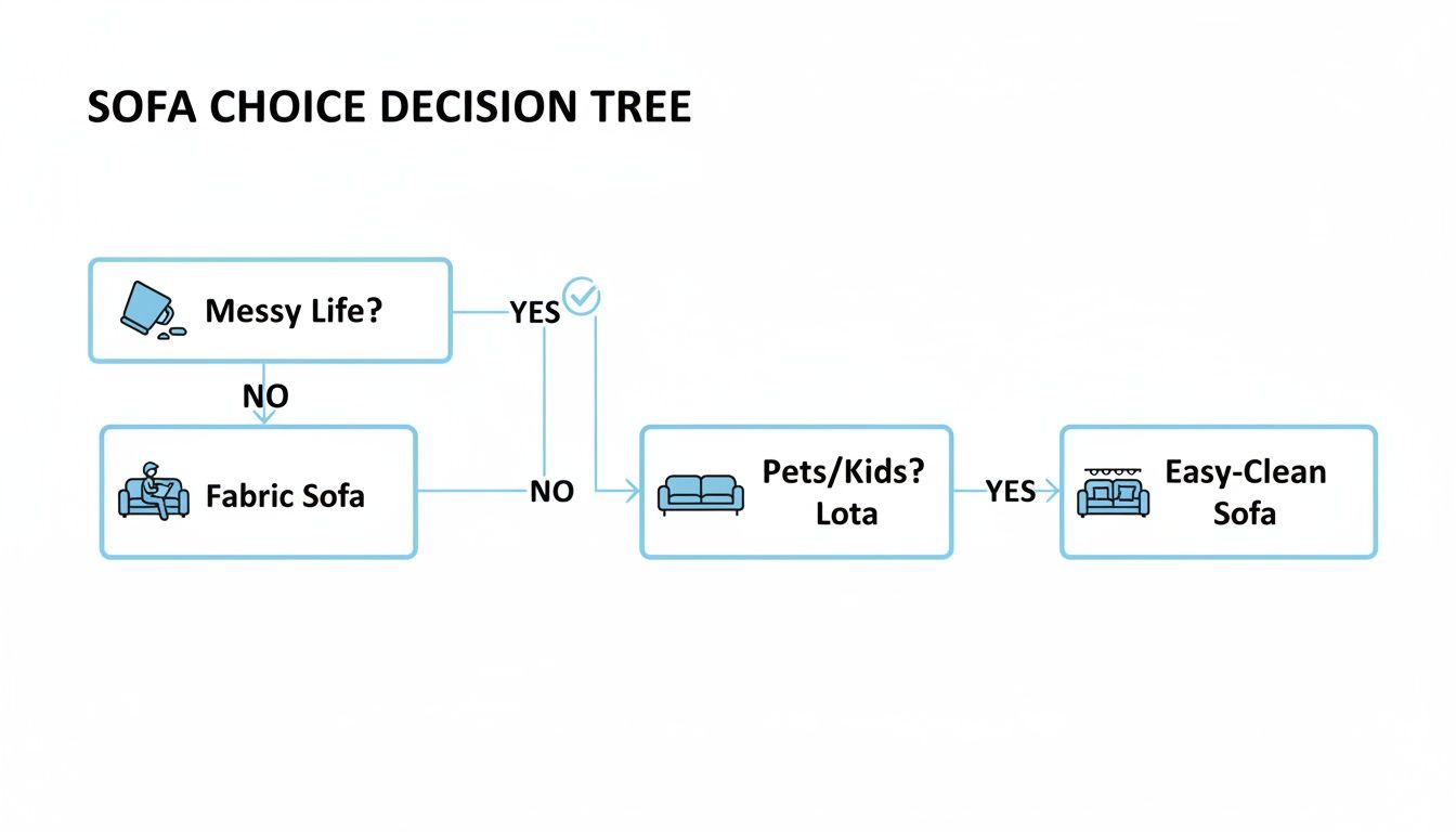 A decision tree diagram illustrating sofa choice based on lifestyle, leading to fabric or easy-clean options.