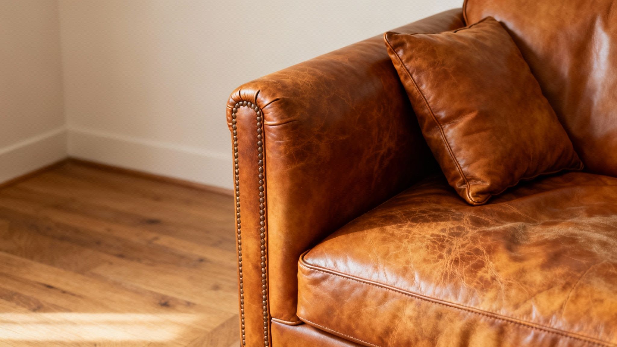 Close-up of a luxurious distressed brown leather sofa with a cushion and nailhead trim.