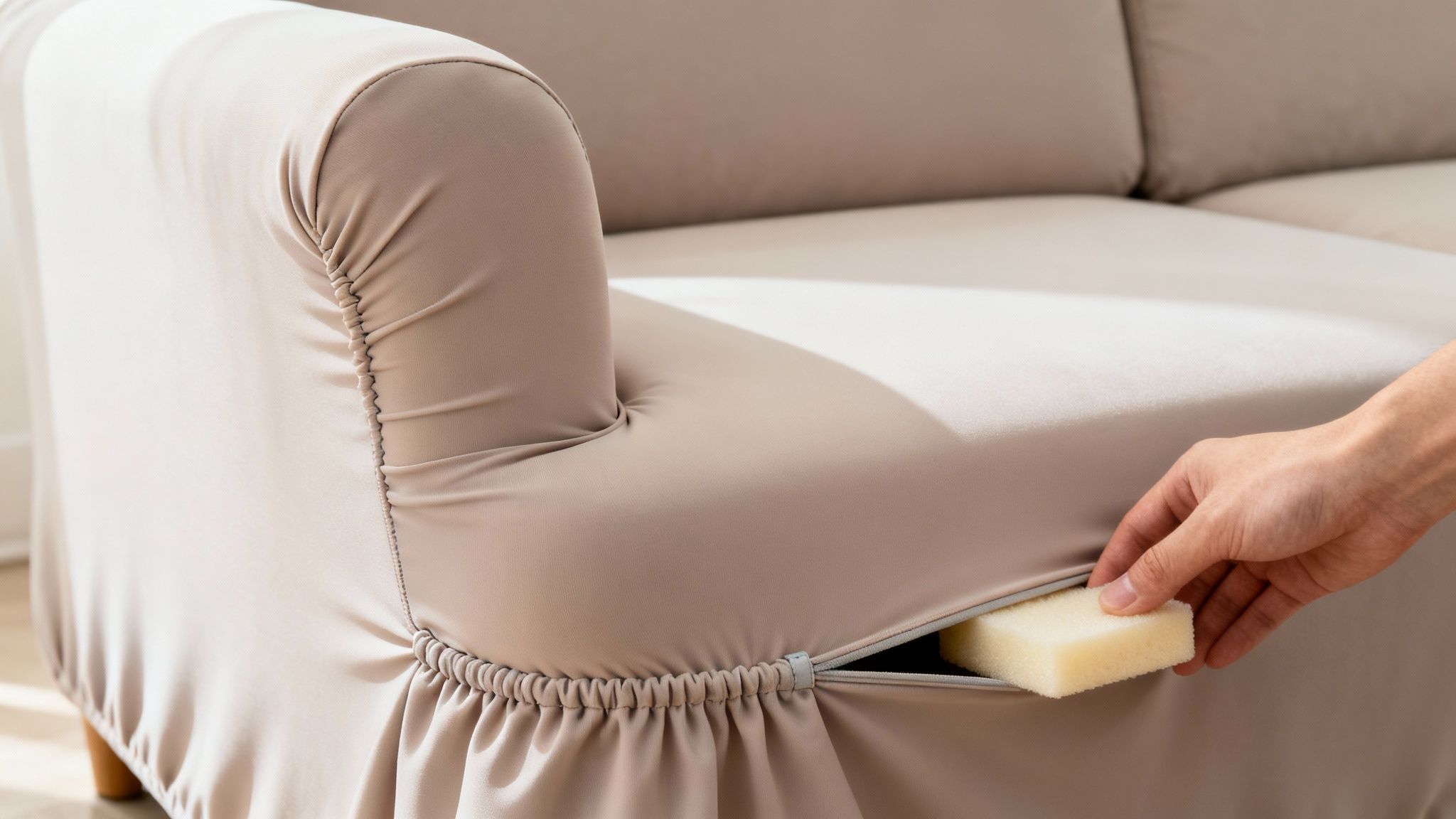 A hand tucks a foam piece into a beige stretchy sofa slipcover to secure its fit.