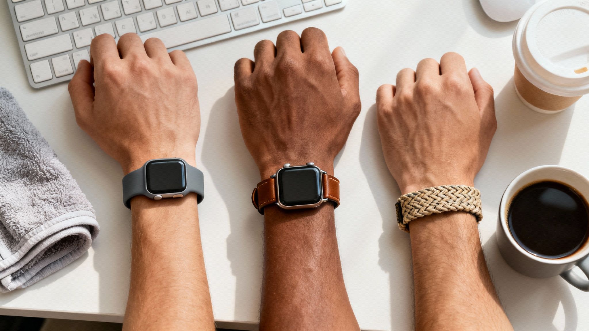 Three men's hands on a desk, two wearing Apple Watches with different straps, one a bracelet.