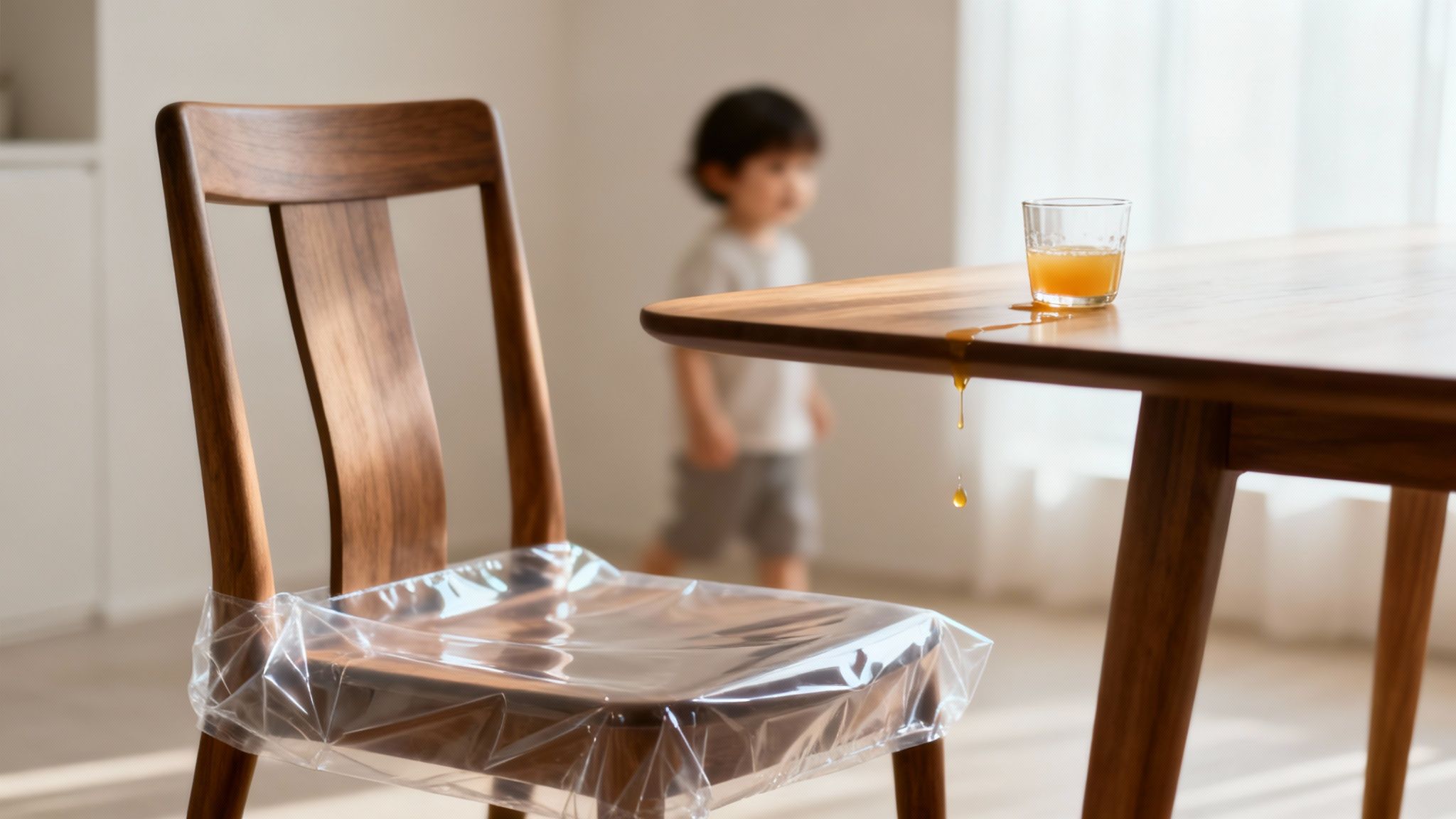 Orange juice spills from a wooden table, with a plastic-covered chair and a blurred child.