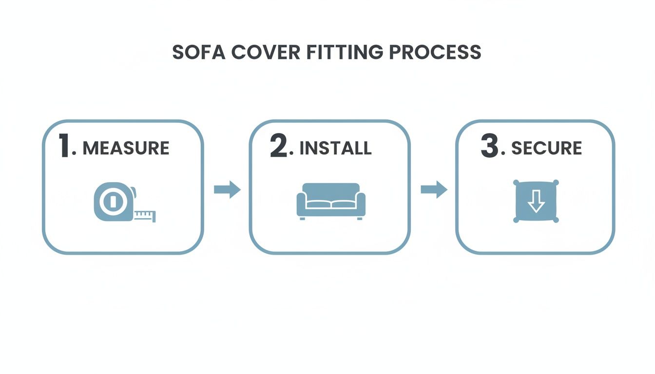 A visual guide illustrating the 3-step sofa cover fitting process: measure, install, and secure.