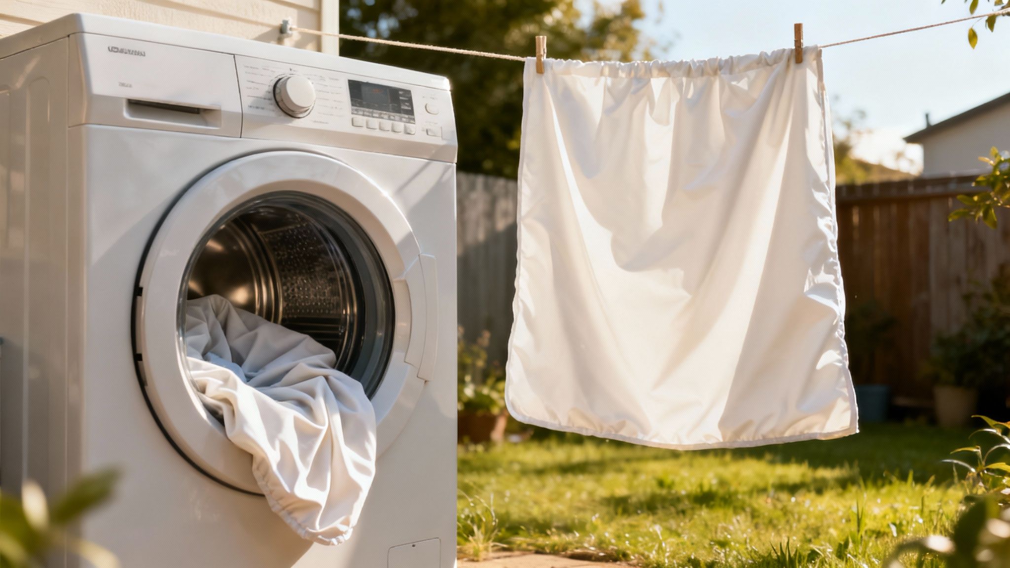A white washing machine with laundry next to a clothesline with a white sheet drying in a sunny backyard.