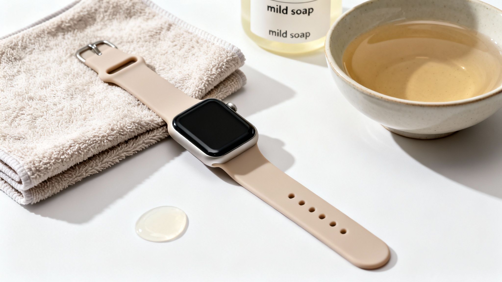 A smartwatch with a beige silicone band, mild soap, a towel, and liquids for cleaning on a white surface.