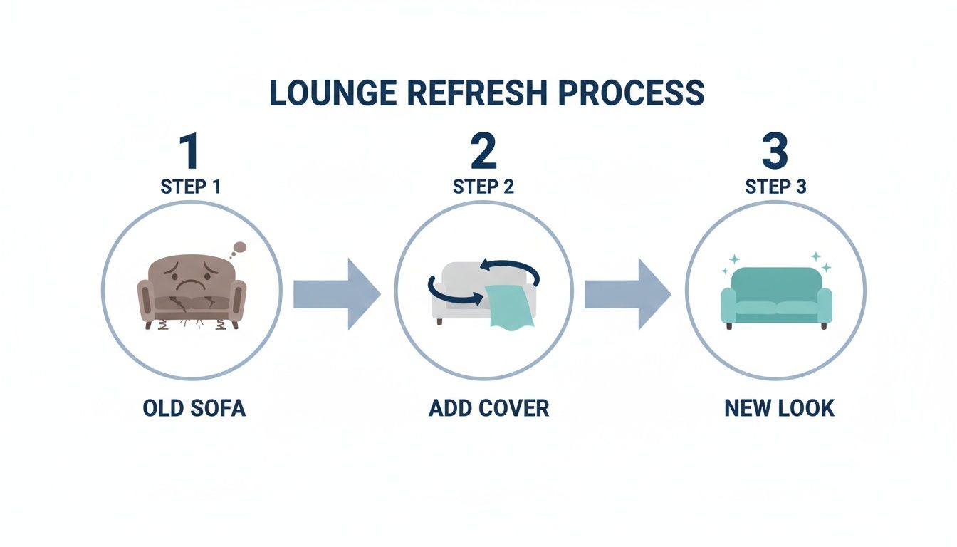 A three-step lounge refresh process showing an old sofa, adding a cover, and the new look.