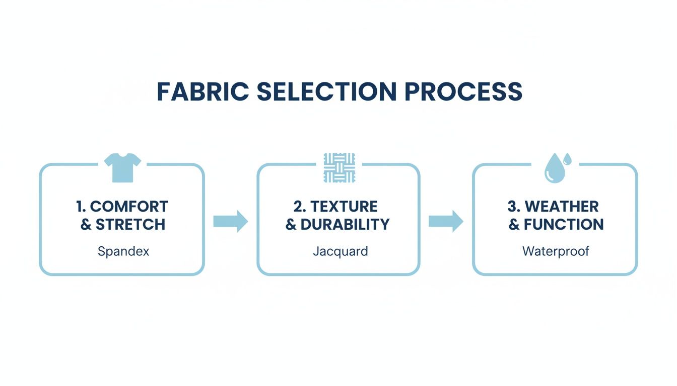 Infographic illustrating the fabric selection process, detailing comfort, texture, durability, weather, and function.