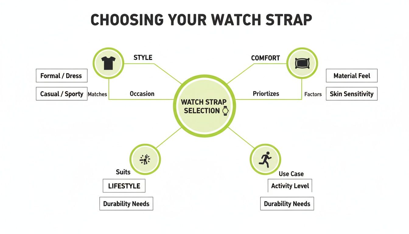 Infographic outlining key considerations for watch strap selection, including style, comfort, lifestyle, and use case.