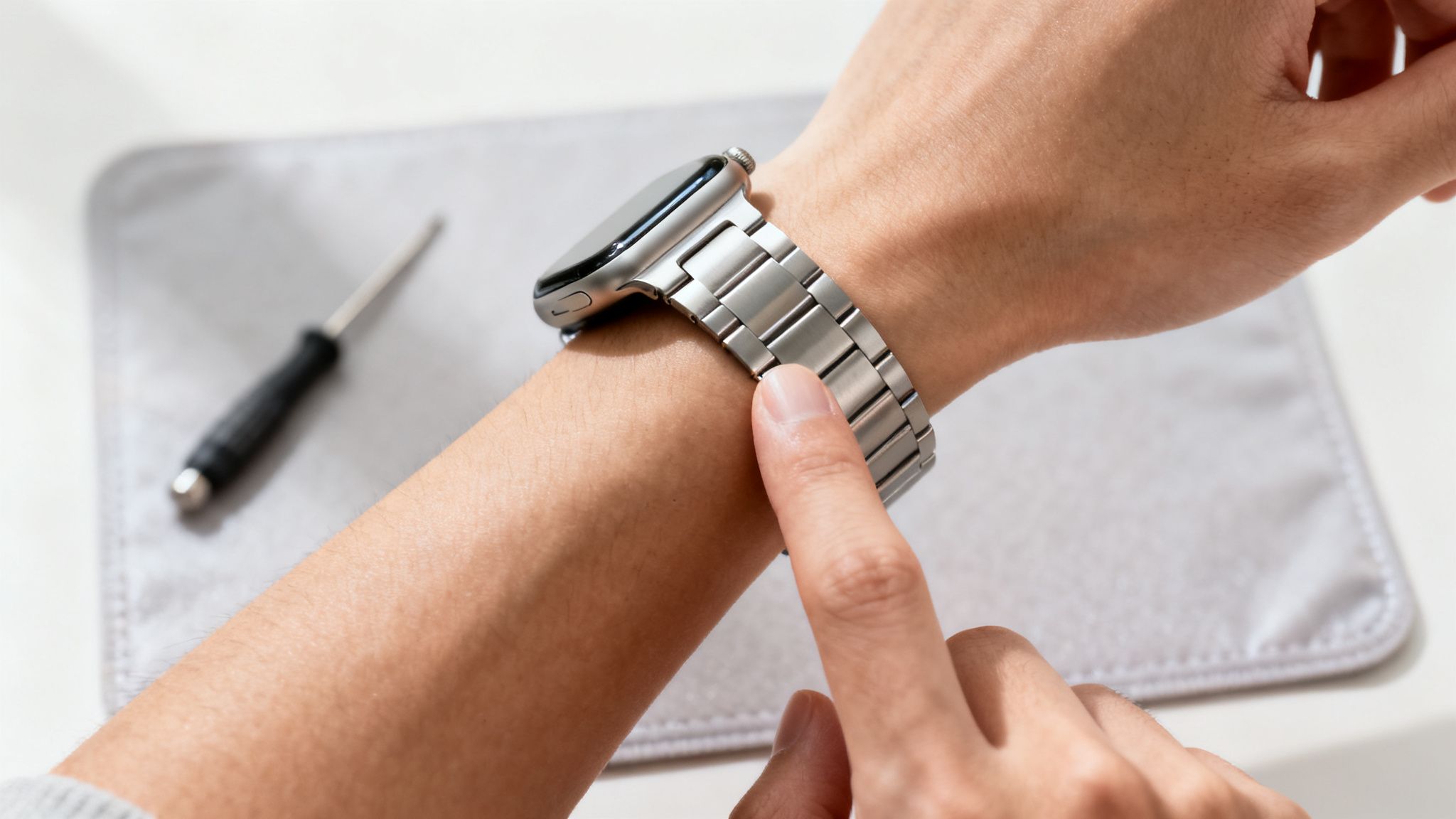 Person's hand adjusting a silver metal link watchband on their wrist with a screwdriver visible nearby.