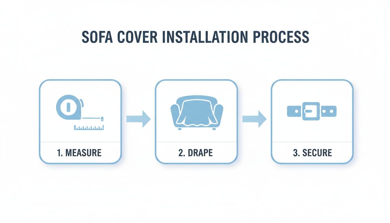 A visual guide illustrating the three steps for installing a sofa cover: measure, drape, and secure.