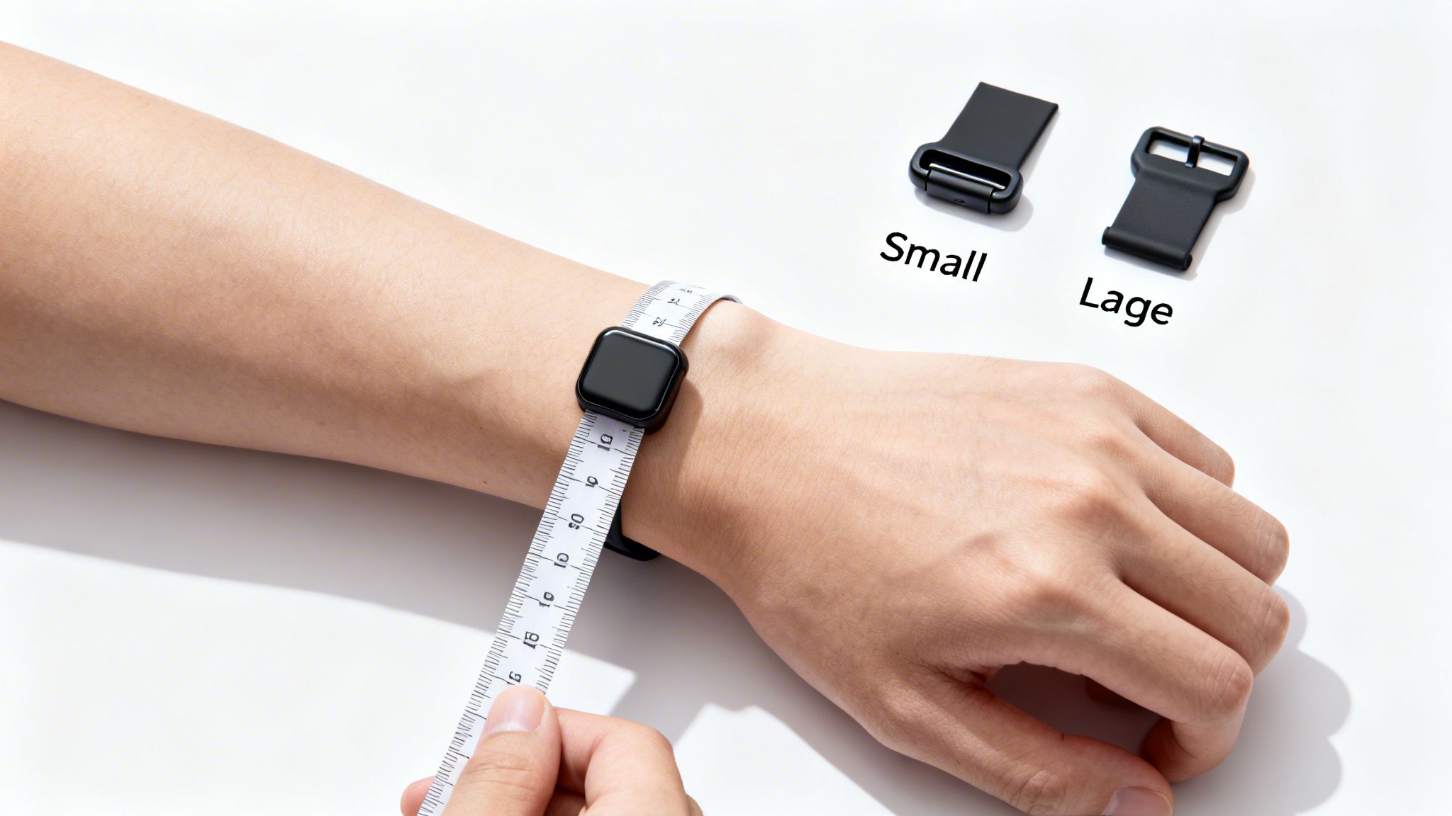 Close-up of a person measuring their wrist for smartwatch straps, displaying small and large buckles.