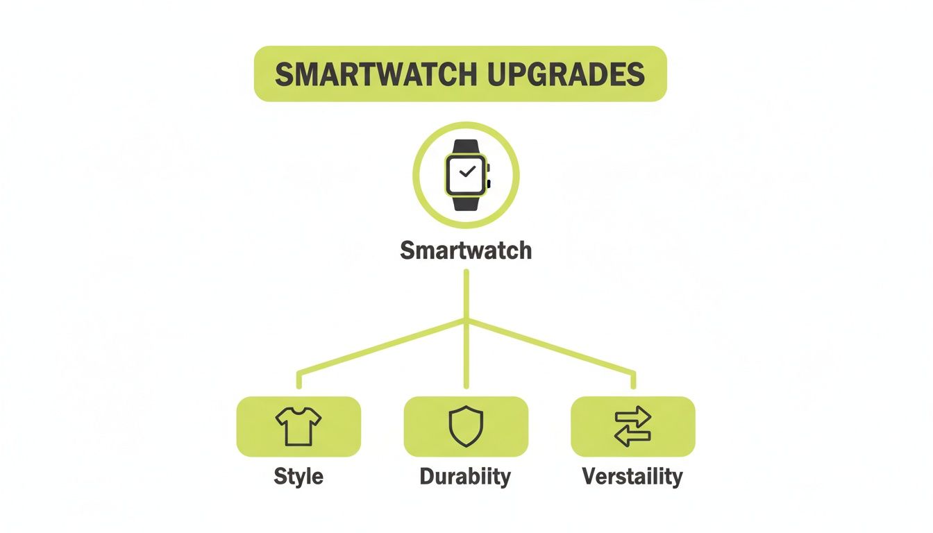 A diagram illustrating smartwatch upgrades, branching into key categories: style, durability, and versatility.