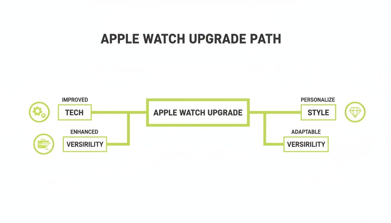 A flowchart showing the Apple Watch upgrade path with improved tech, enhanced versatility, and personalized style.