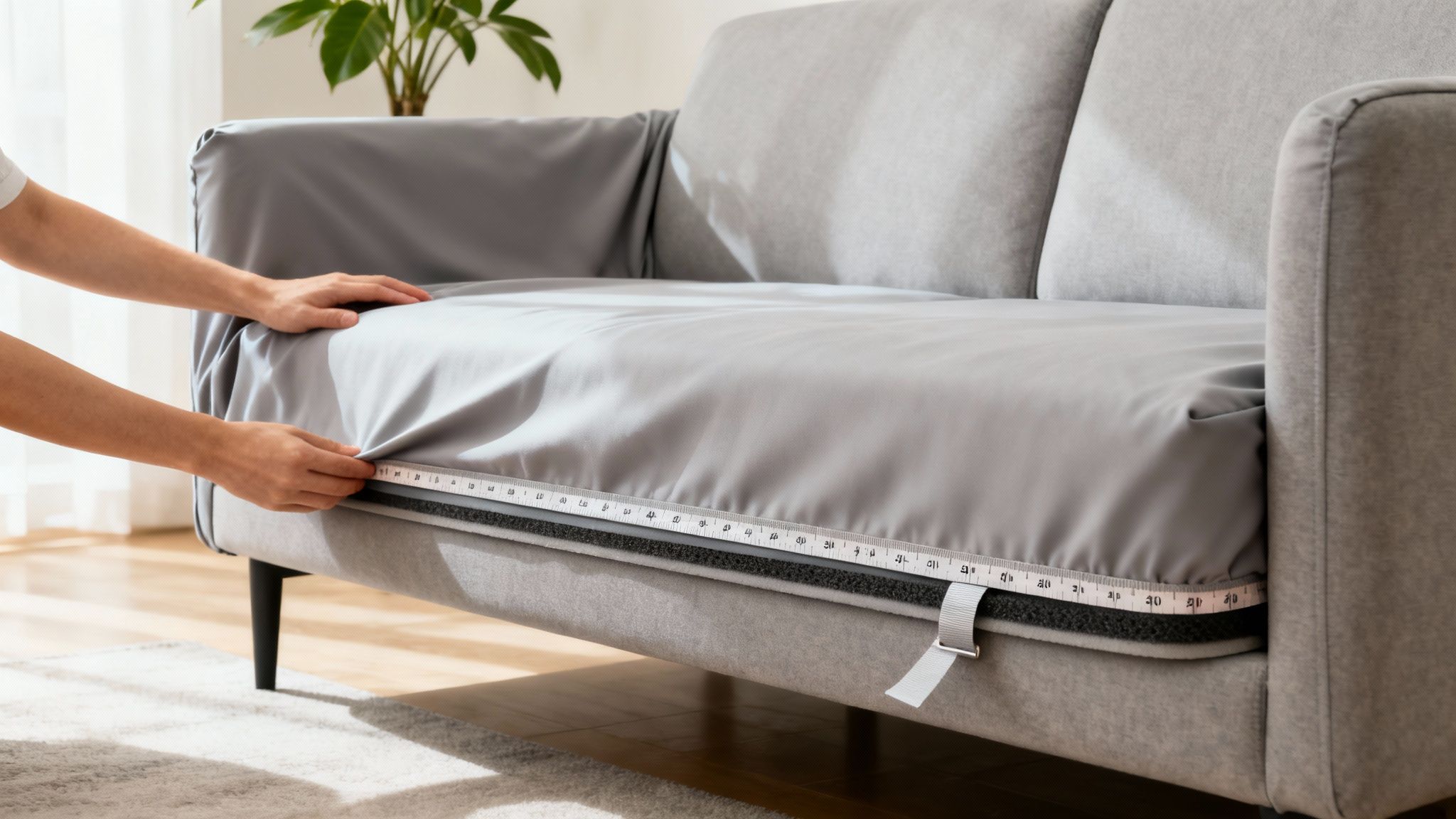 Person's hands adjusting a grey sofa cover, measuring its fit with a tape measure.