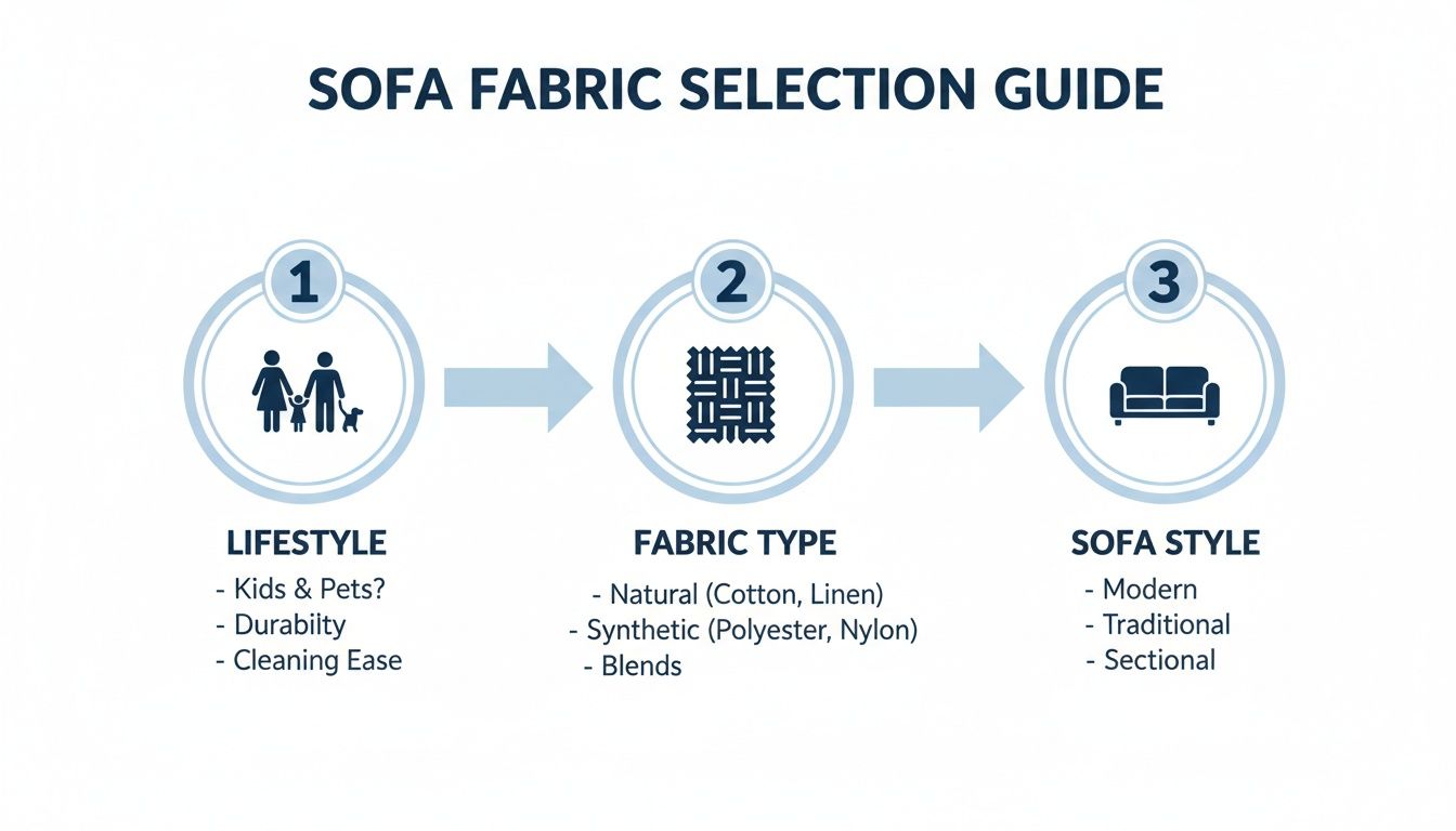 A three-step infographic guide for selecting sofa fabric based on lifestyle, material, and style.