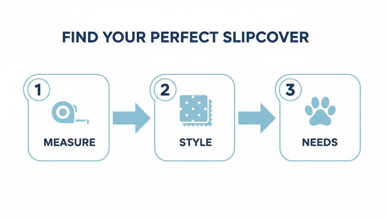 A three-step visual guide showing how to find the perfect slipcover: measure, style, and needs.