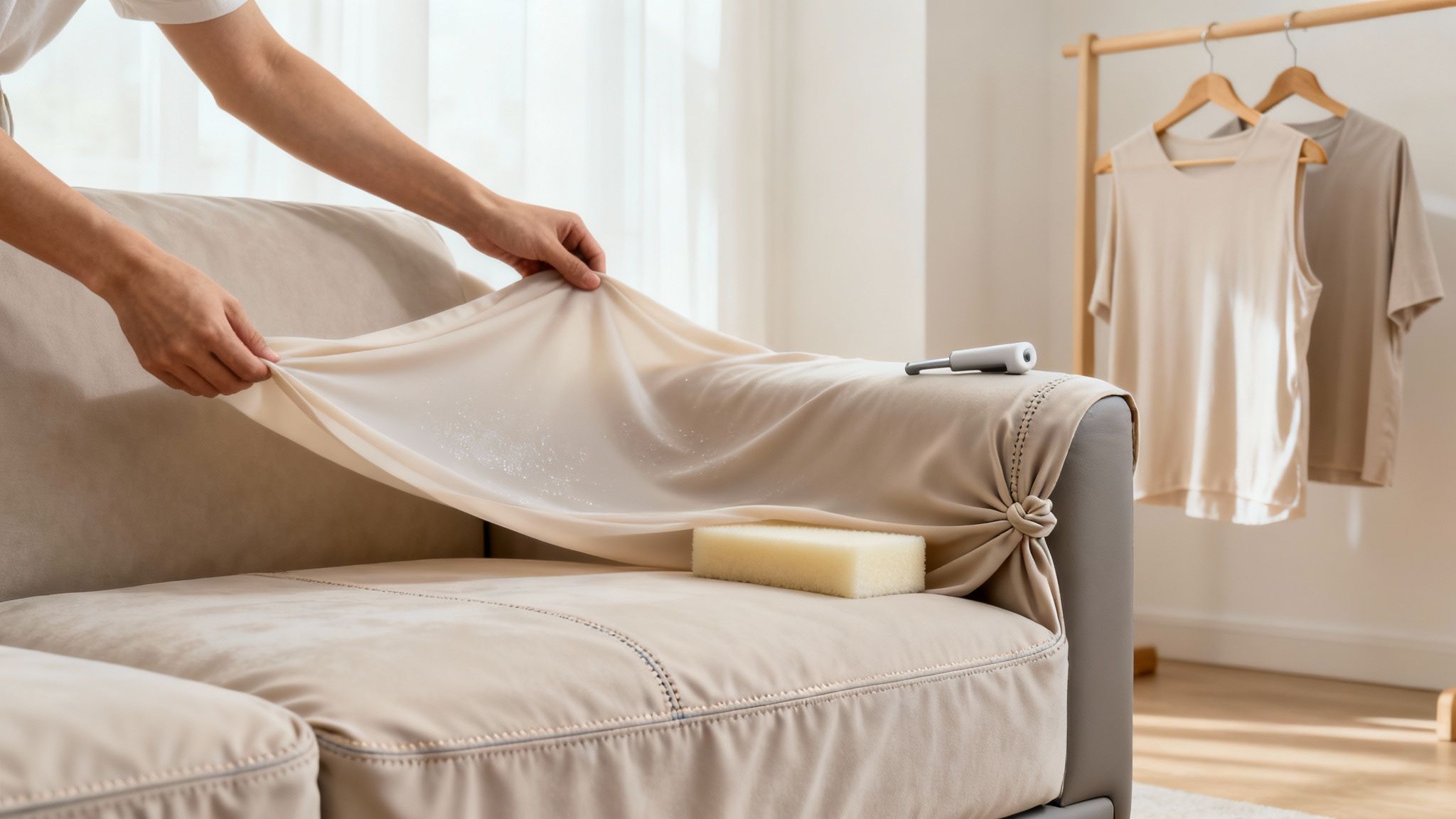 Person lifting a dusty beige sofa cover to clean a couch, with cleaning tools visible.