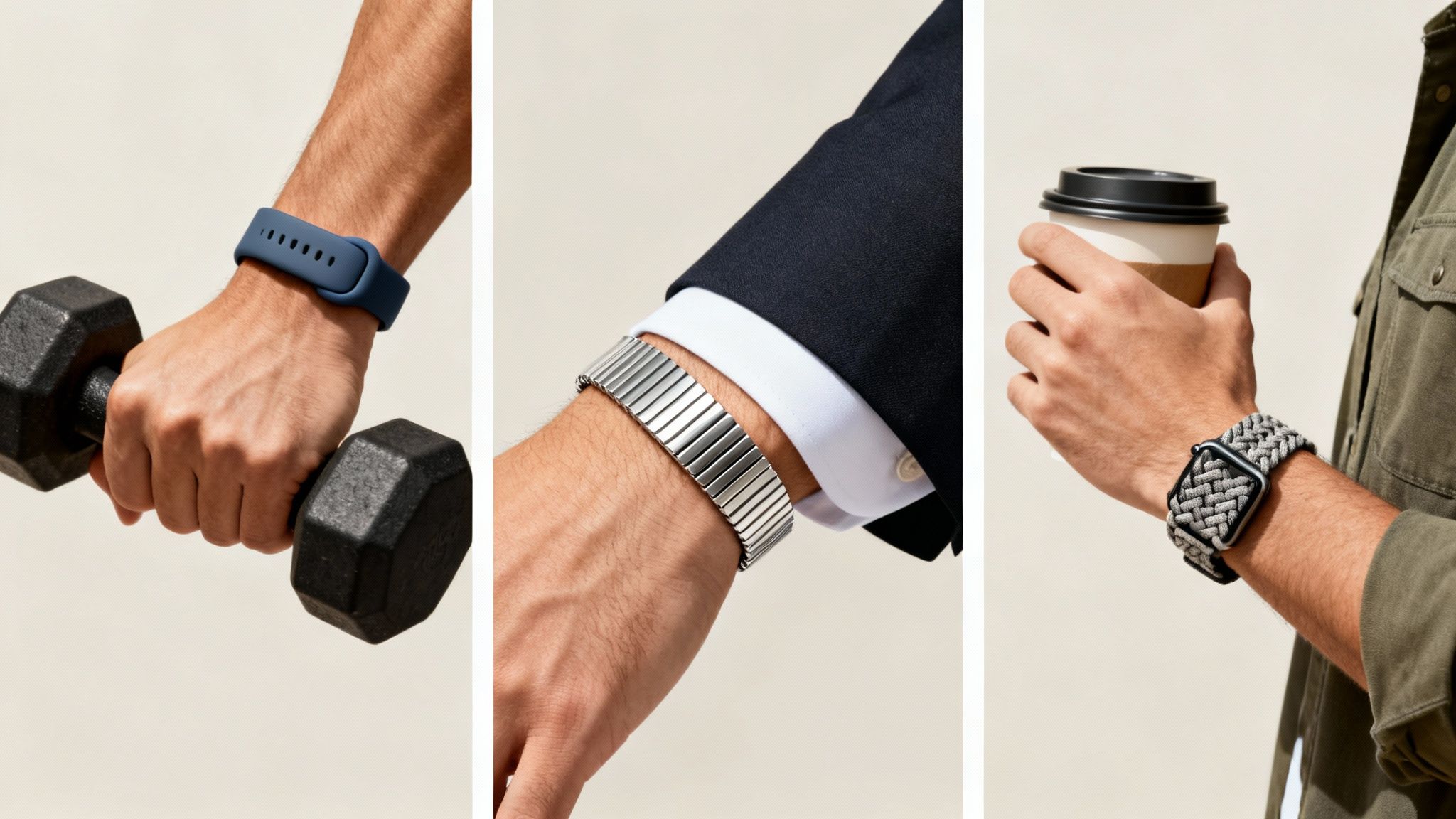 Different watch strap styles shown on wrists for fitness, formal, and casual wear.