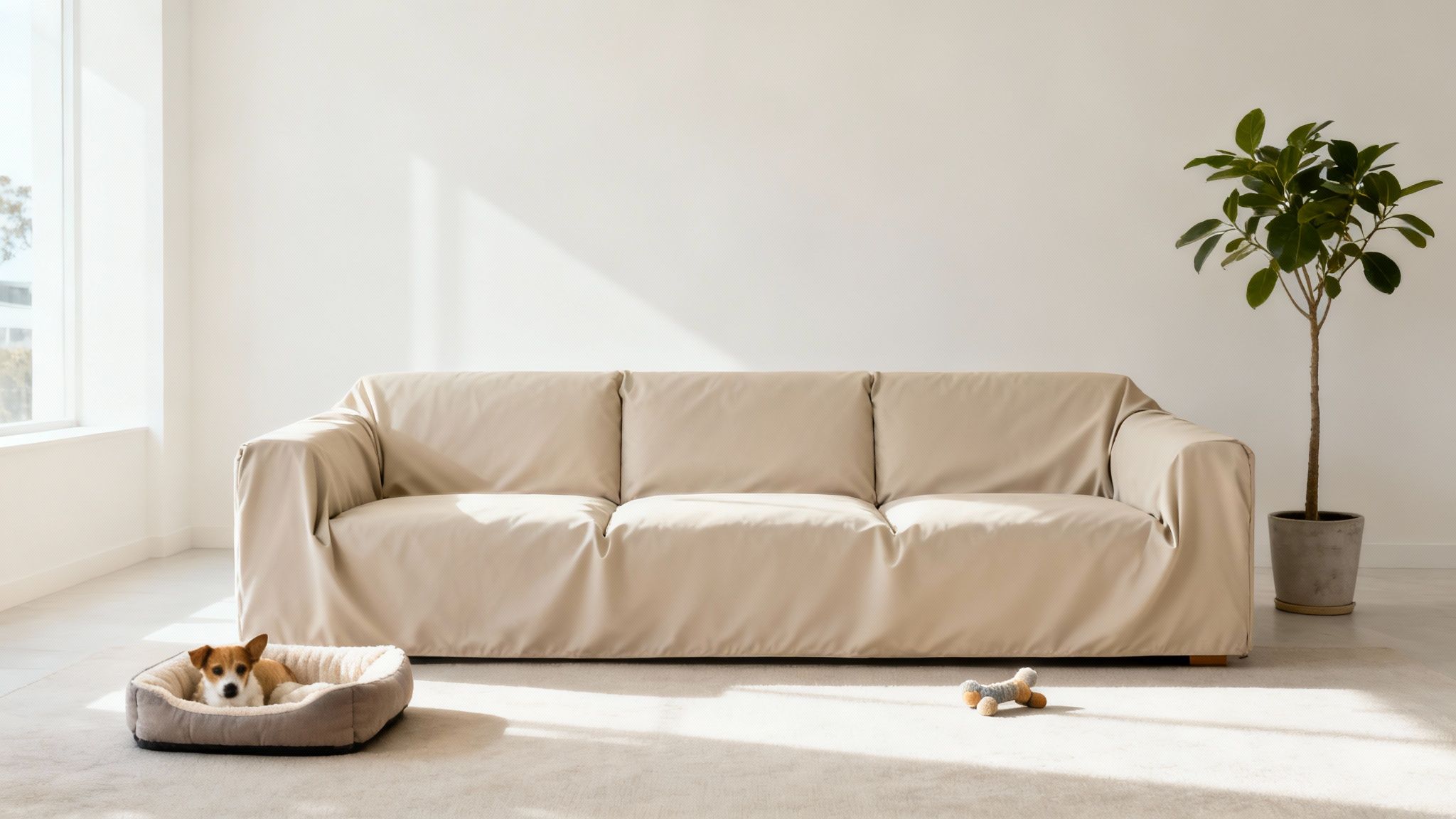A bright living room with a beige slipcovered sofa, a small dog in a bed, and a green potted plant.