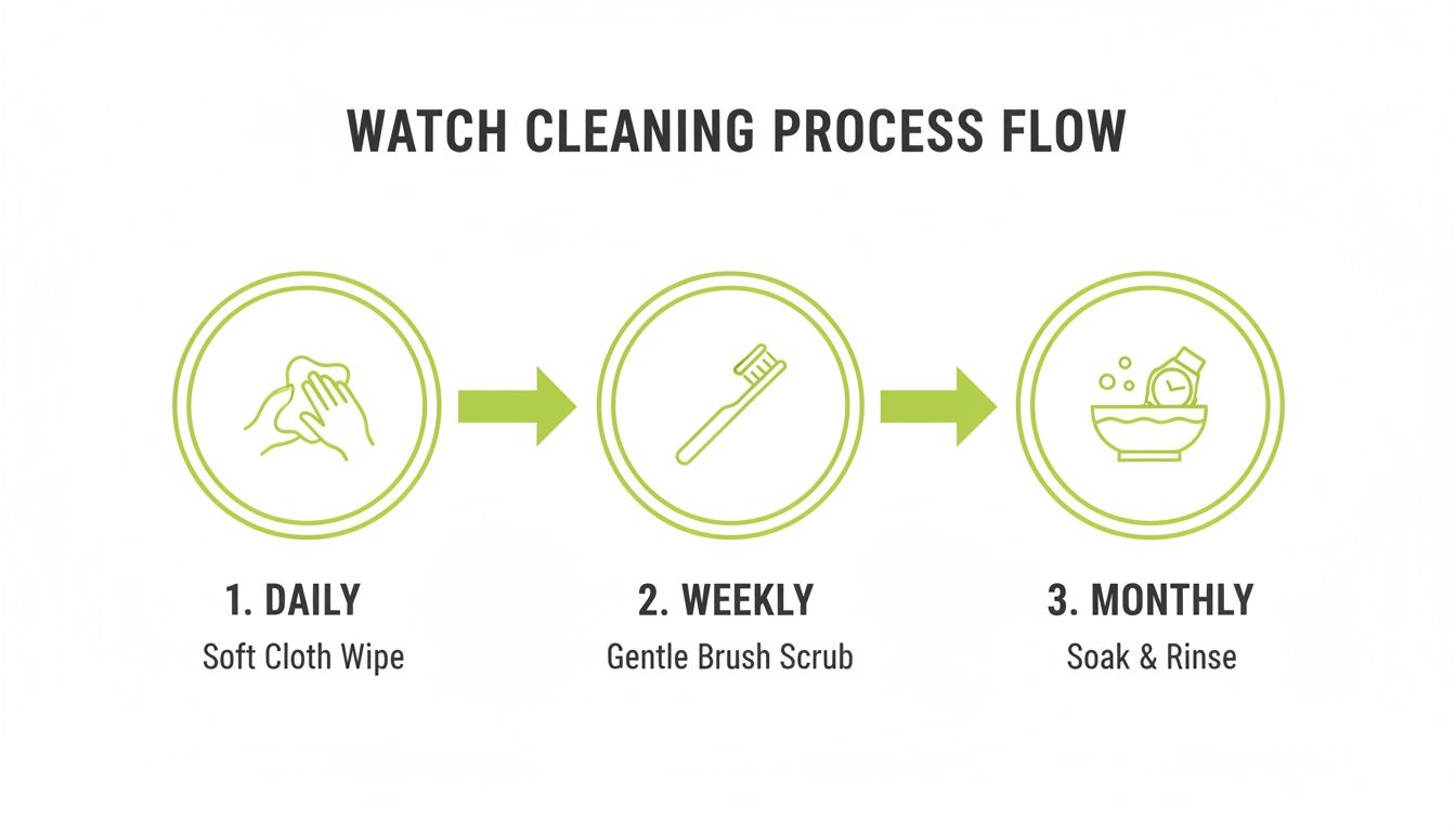 Infographic illustrating a three-step watch cleaning process: daily wipe, weekly scrub, and monthly soak.