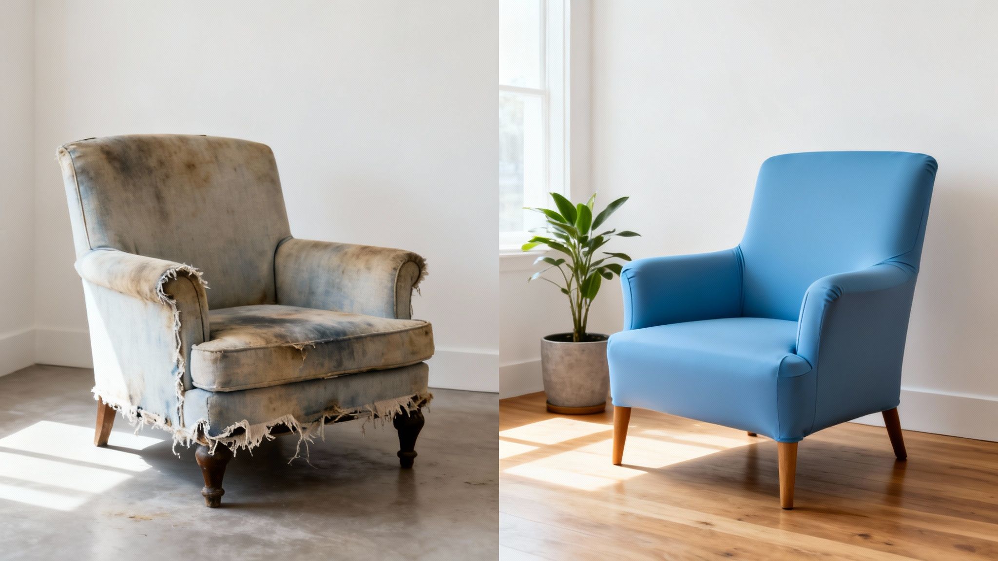 Avant et après : un vieux fauteuil délabré transformé grâce à une housse extensible d'un bleu éclatant.
